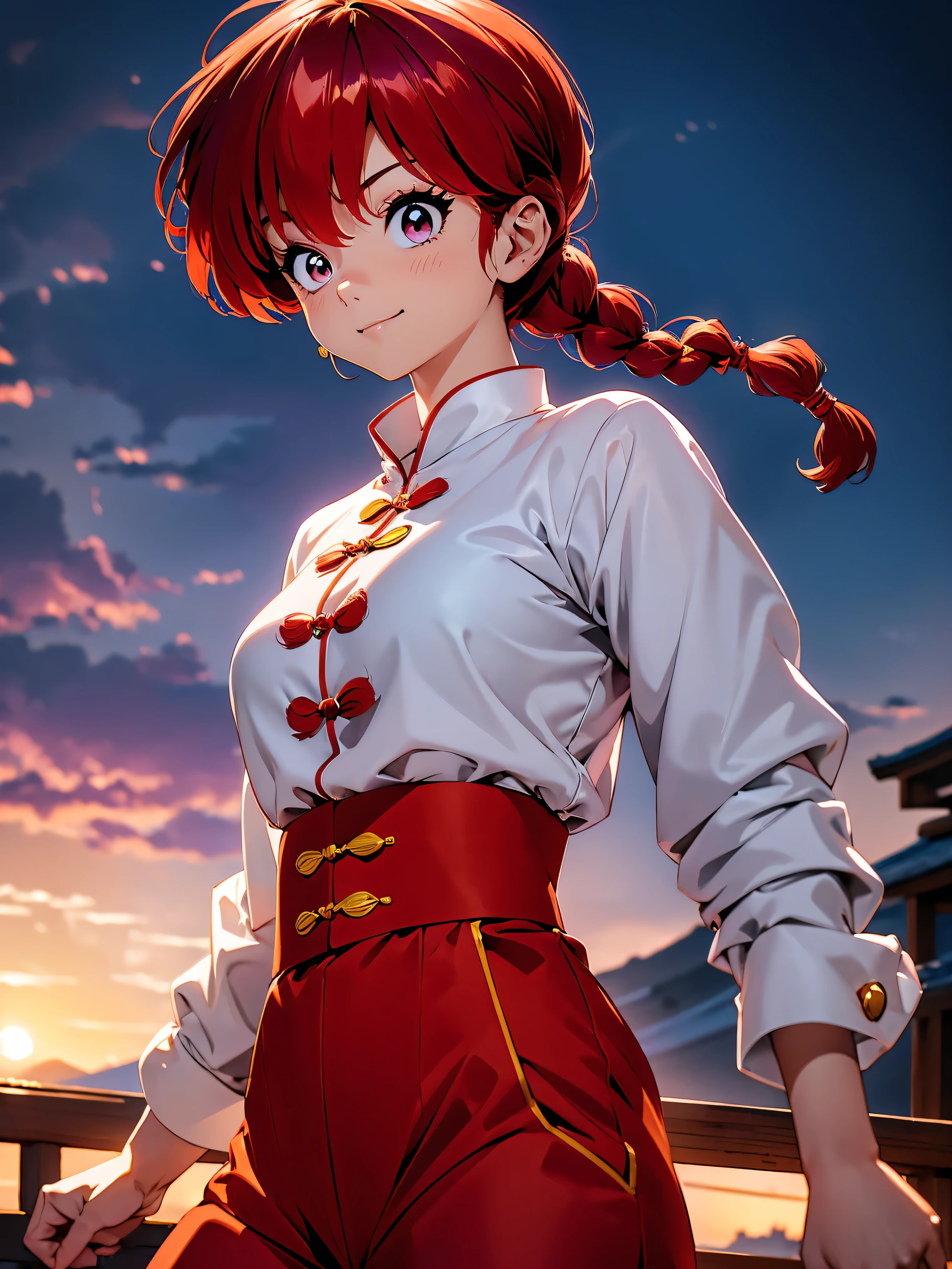 (solo:1.3),1girl(Ranma, main character of anime(Ranma 1/2),cute,sexy,braided brown hair,yellow eyes,red chinese clothes,smile,Ranma Saotome,braids,red hair,single braid,braided ponytail,red eyes,pants,chinese clothes,Chinese bamboo pattern,dynamic kung fu action,purple eyeshadow).background( Ranma's panda,simple china design). BREAK .quality(8k, highly detailed CG unit wallpaper, high resolution, highest quality, highest quality real texture skin, ultra realistic, increase resolution, raw photo, highest quality, highly detailed, wallpaper, golden ratio, high saturation realism, vivid colors, dramatic lighting, convincing storytelling, atmospheric landscapes, captivating atmospheric landscapes, captivating visuals, meticulous details, strong emotions, dreamlike world).