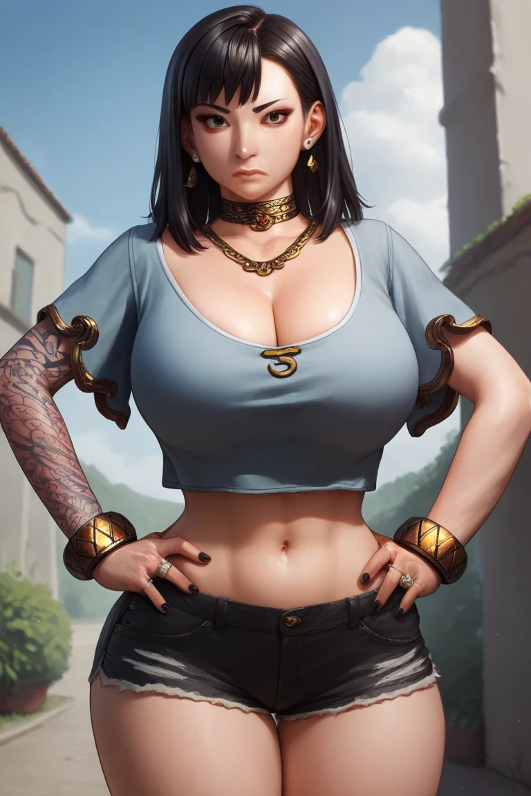 ultra realistic 8k cg, masterpiece, ((ultra detailed background, delicate pattern, intricate detail, highly detailed, fine details best quality, hyperdetailed face)), gigantic breasts ,beautiful lighting, absurdres, BoaHancockV2, 1girl, solo, black hair, long hair, jewelry, closed mouth, ), (arabian dancer outfit, crop top, earrings, blue eyes, luxury palace), ((cowboy shot)), curvy, gigantic breasts, seductive smile