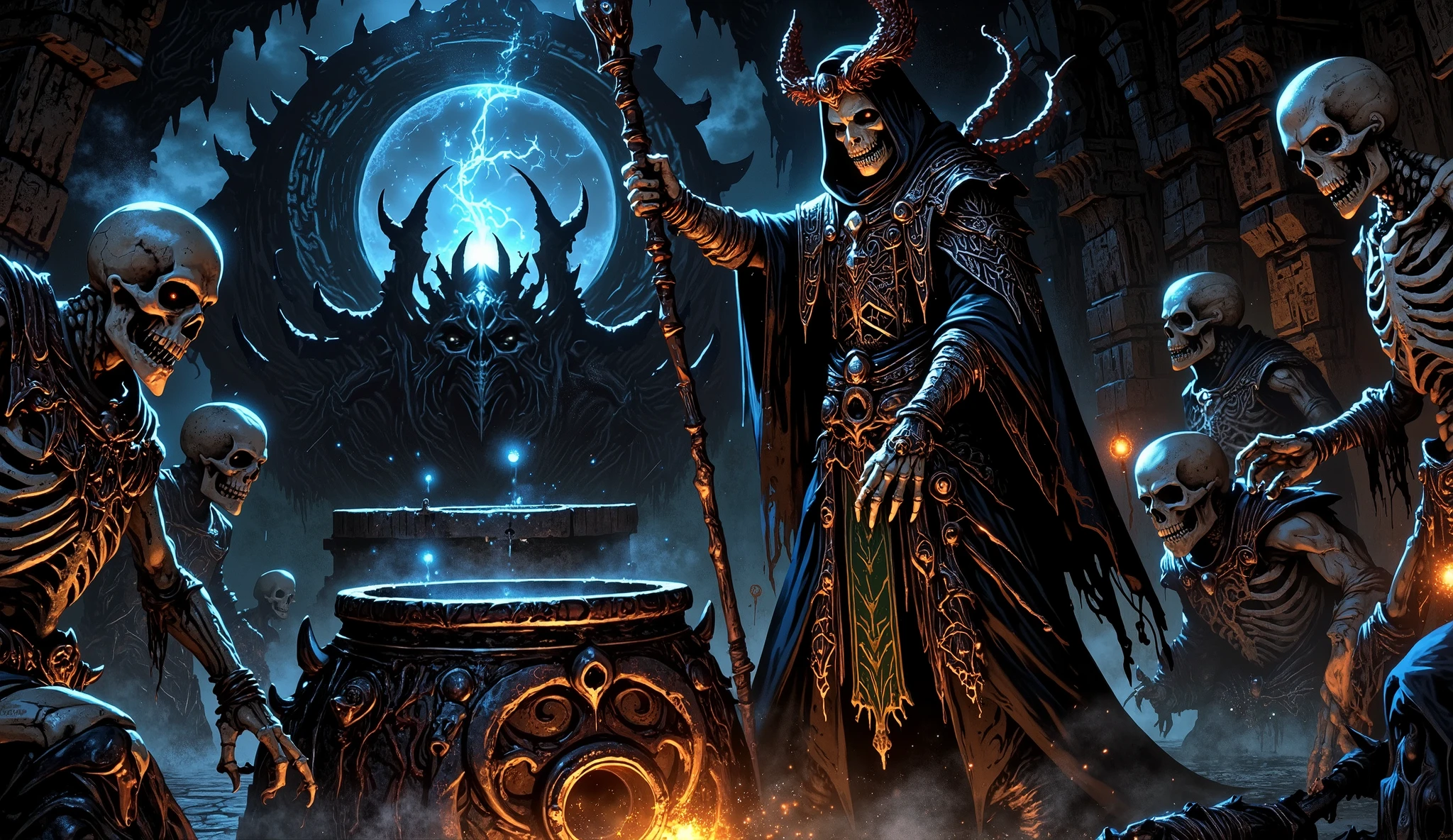 In the heart of a crumbling, ancient crypt, a necromancer clad in tattered robes embroidered with barley and hop motifs stands before a grotesque altar. The altar, carved from obsidian and adorned with skeletal remains, is surrounded by shattered brewing barrels and rusted kegs. A massive cauldron, blackened by centuries of use, bubbles with a viscous, ink-like brew that emits an eerie, smoky aroma of roasted malts and burnt caramel.

The necromancer chants in a guttural, otherworldly tongue, his skeletal hands clutching a staff crowned with a glowing, beer stein-shaped crystal. Around him, spectral figures of brewers long dead rise from the shadows, their translucent forms stirring the cauldron with ghostly ladles. The walls of the crypt are etched with runes that resemble brewing recipes, glowing faintly as the ritual progresses.

Hops, barley, and charred oak barrels levitate in the air, drawn into the cauldron by an unseen force. The necromancer pours a dark, frothy liquid from a skull-shaped flask into the brew, causing it to hiss and writhe as if alive. The cauldron's contents thicken, taking on a sinister, almost sentient quality, as the necromancer raises a chalice forged from bone and iron. The brew, now a perfect embodiment of darkness and despair, flows into the chalice, its surface shimmering with an unnatural, malevolent glow.

The ritual concludes as the necromancer drinks deeply, his hollow eyes glowing with an unholy light, the essence of the black beer binding him to the eldritch forces that govern his dark craft.