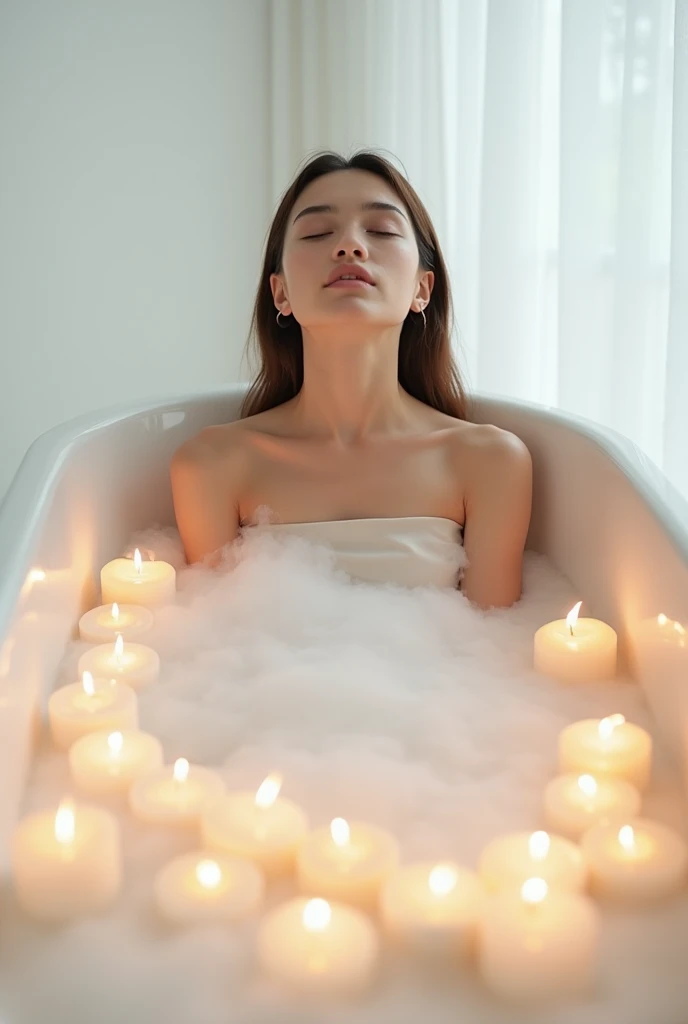 A marble-clad bathroom with a large, freestanding bathtub filled with bubbles. Candles flicker around the room, and a silk robe is draped over a nearby chair. A figure, partially submerged in the water, reclines with eyes closed, basking in the luxurious surroundings.20 year old black hair breast size C cup hip ratio 0.69 Design a high-resolution, ultra-realistic 4K digital
