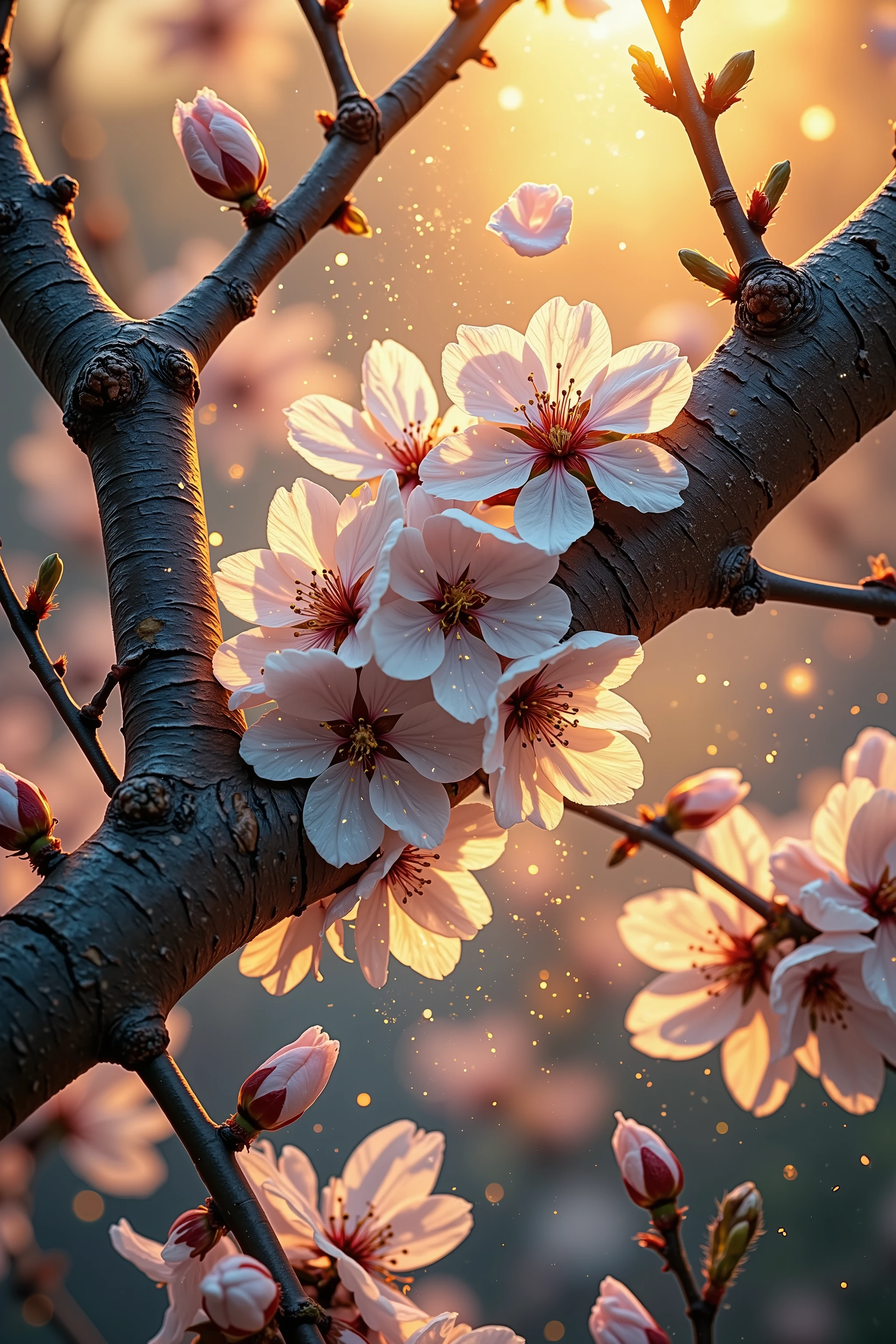 A breathtaking macro view of sakura flowers in full bloom, delicately clustered along a dark, textured branch, bathed in the warm, golden light of Japanese spring. The blossoms are primarily a soft, luminous white with subtle blush undertones, their near-translucent petals catching the sunlight like delicate porcelain. Hints of pale ivory and champagne hues create a sense of purity and serenity. Tiny golden stamens shimmer at their centers, contrasting gently with the pristine white petals. The natural veins and slight imperfections are captured in exquisite detail, enhancing their fragile beauty.

The branch's rugged, dark bark offers a striking contrast to the airy blossoms, textured and shadowed beneath the glow of golden-hour light. A few tightly curled buds and unfurling petals suggest renewal, while a single white petal drifts gracefully in the breeze, illuminated as it falls through the air.

The background forms a dreamy, softly blurred bokeh of warm ambient tones—soft creams, muted peaches, and sun-washed lavender, evoking a tranquil Japanese spring evening. Golden light filters through the branches with gentle flares and a shimmering haze, enriching the ethereal and hyper-realistic atmosphere. Rendered in 8K ultra-detailed macro photography, every petal, stamen, and grain of pollen is captured with crystalline precision, blending natural poetry with serene visual grace.