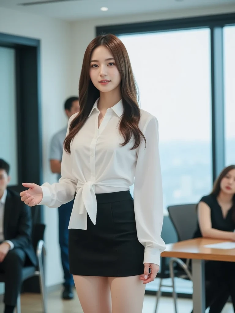 the most beautiful actress in the world, she is 18 years old, the perfect body proportions of this girl, tight blazer is firmly closed on formal shirt which is worn on her upper body, it's difficult for short skirt to cover panties between her bare legs because it is too short, her bare thighs, standing, window, clear sky, nsfw, best quality, highly detailed, masterpiece, ultra high res, photo realistic, 8k
Negative Prompts