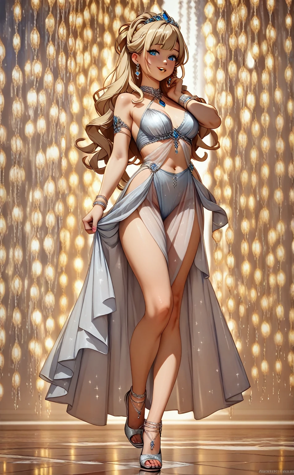 25-year-old Caucasian woman、ash blonde、blue eyess、Semi-long、setting hair、I'm tying my hair、My hair is wavy、Slender but thin macho、accessories on the wrist、wearing a chain necklace、Beautiful breasts、a smile、I need space above my head、wearing latin dance costumes、Wearing heels、