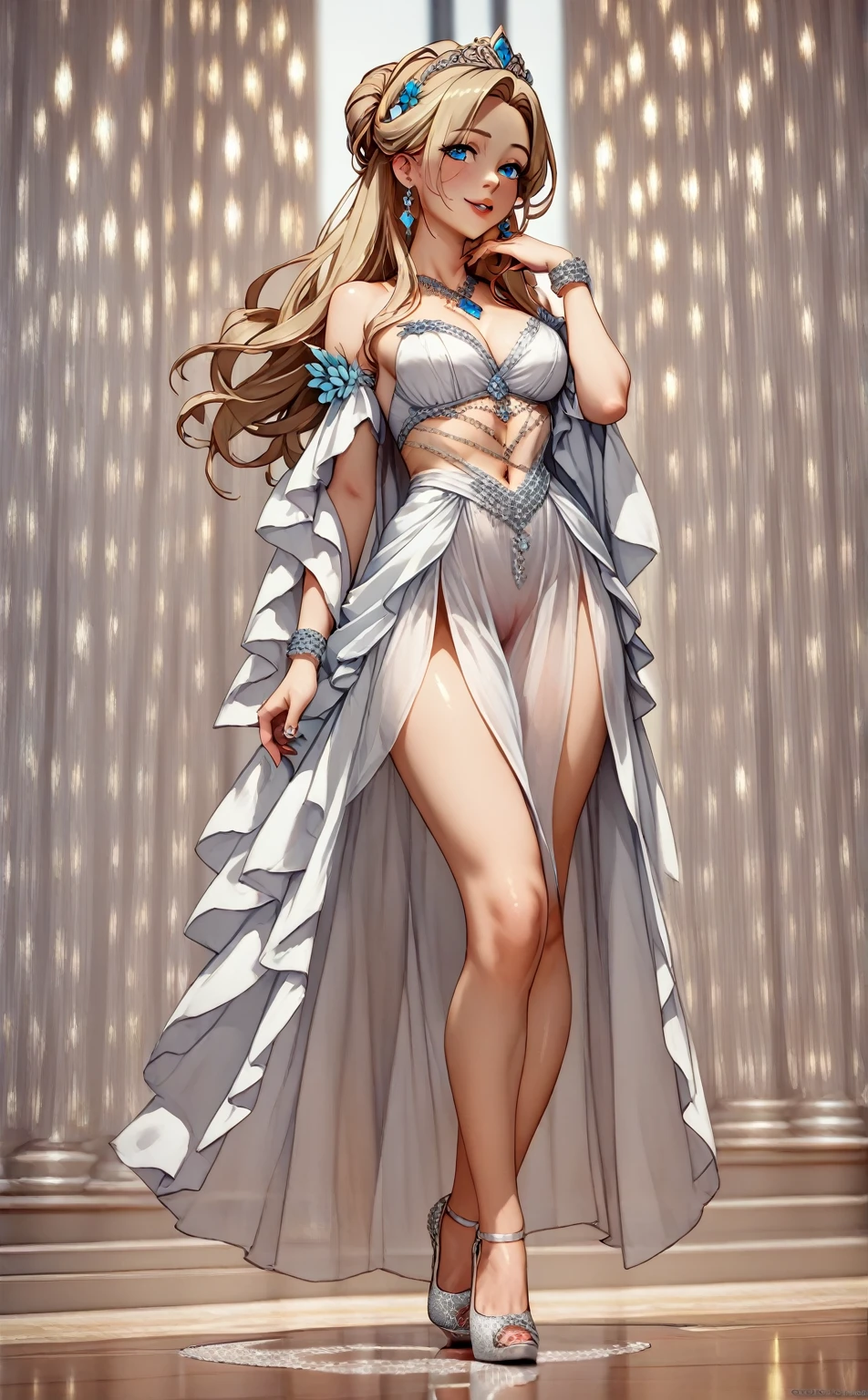 masterpiece,highest quality,Ultra high definition,helene, blonde hair, blue eyes, fair skin, white chiton, flower crown, pearl necklace,Elegant posture,smile,full body