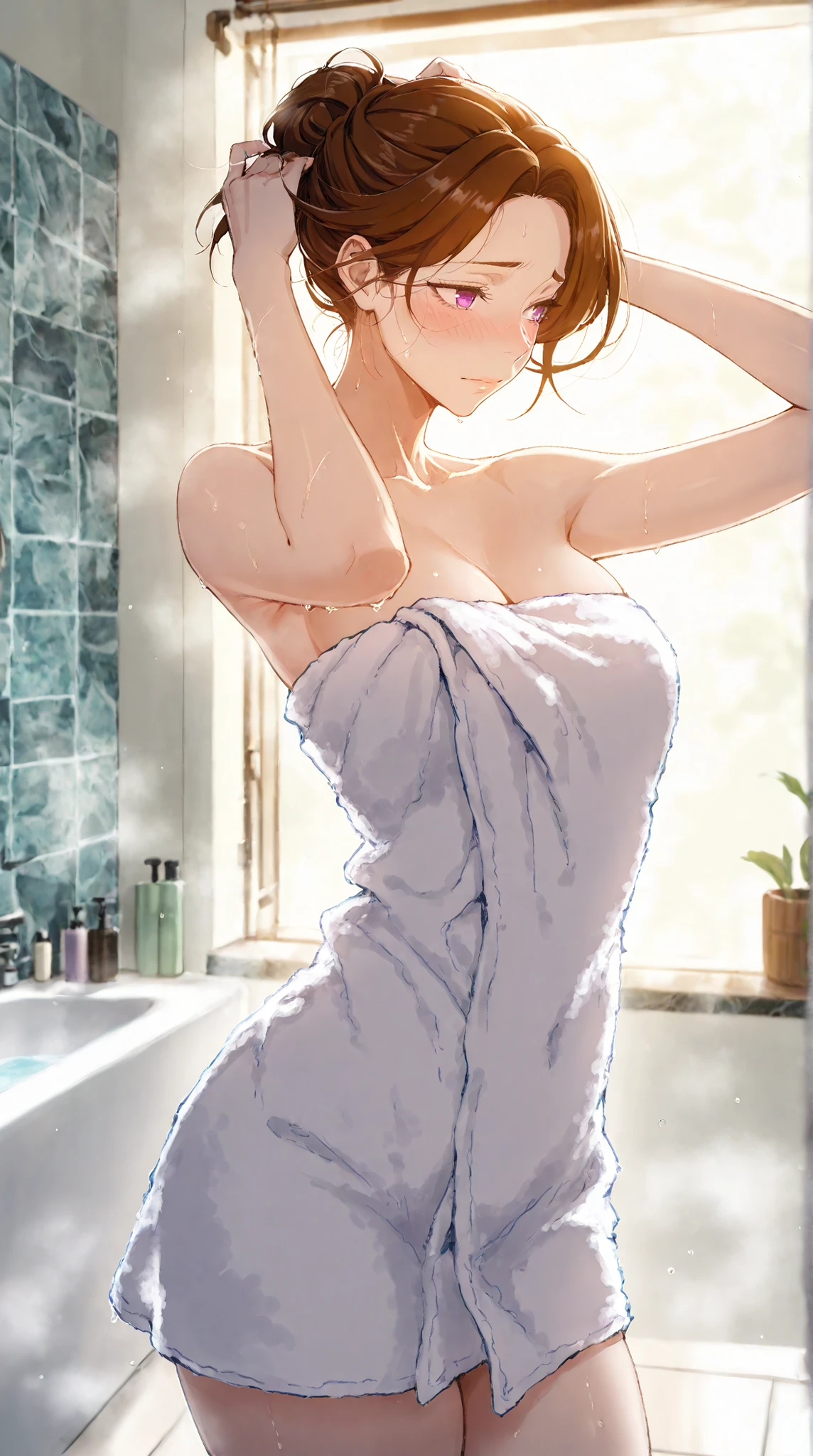score_9、score_8_up、score_7_up、score_6_up、source_アニメ、1 、Primary school students。Haibara Ai、blue eyes、Brown Hair、Short Hair、solo、Cowboy Shot、From the side、Wet Hair、nude、Towel on chest、Thighs、Steaming body、Steam Censorship、Small breasts、indoor、Doujinshi、Beautiful aesthetics、Very sophisticated、High quality details、White panties