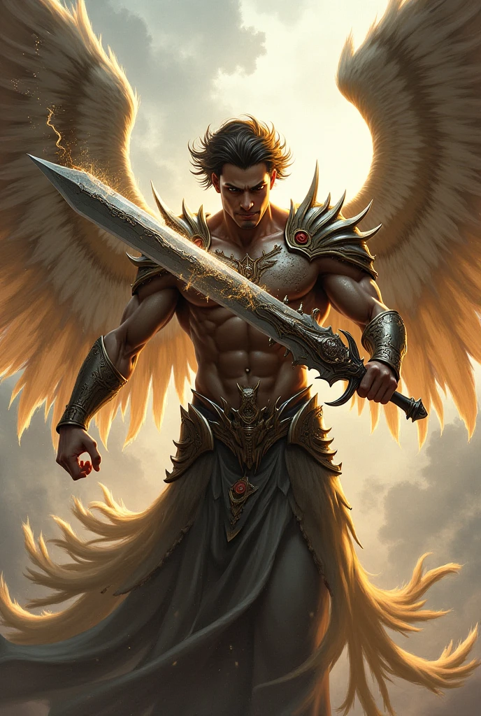 masterpiece, best quality, realistic, ultra detailed, sexy, homoerotic, movie poster style, dungeons and dragons, character design, filipino man with round face, muscular, fashionable dark hair, white angel wings, celestial heavy armor, dramatic hero pose with flaming sword, ambient lighting, dramatic shadows