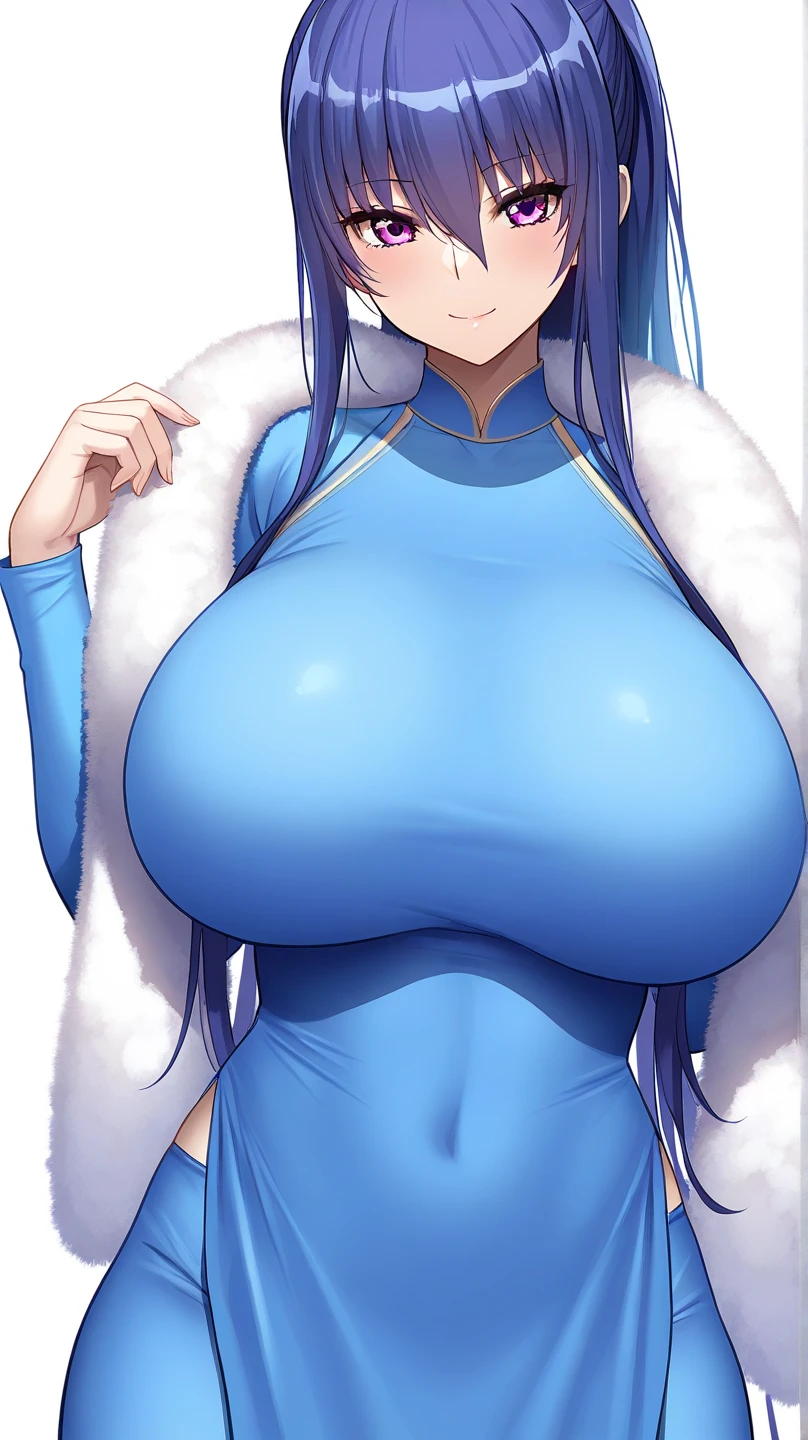 masterpiece, best quality, ultra-detailed, illustration, colorful, flat color, depth of field, lens flare, 1girl, sona buvelle, anime, standing, blue hair, twintails, blue eyes, looking at viewer, at bedroom, tight bodysuit, full bodysuit, upper body, detailed skin texture, detailed cloth texture, beautiful detailed face, huge breasts, blush, seductive smile