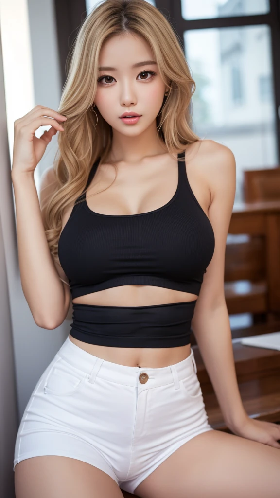 Arafed woman wearing a black top and shorts taking a selfie, 18 years, 2 4 year old female model, 1 8 son, , 21 years, very sexy outfit, 22 years, sexy look, 19 years old, photo fit, she is about 2 0 years old, she is about 20 years old