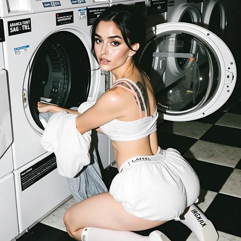 garota de 21 anos na lavanderia, kneeling sitting on the floor, pale skin, coxas e bunda volumosa, garota de cabelos presos, segurando roupas de costas, corpo bem definido, delicate features