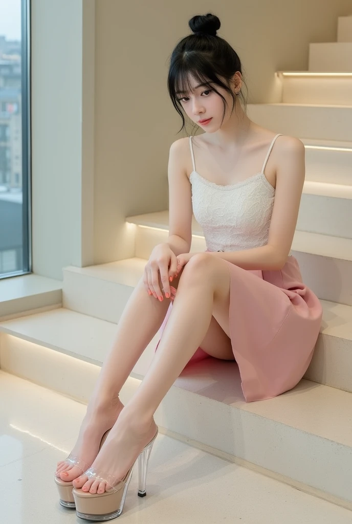 araffe sitting on a table in a pink dress with a city view, beautiful asian girl, young sensual gravure idol, gorgeous chinese model, young pretty gravure idol, lovely woman, sexy girl, sophisticated gravure idol, japanese model, sakimichan, asian girl, lingeries beauty, beautiful girl model, photo of slim girl model, beautiful model girl, Best picture quality, masterpiece, ultra high resolution, 8k, cleavage, big boobs, bust detail, hair detail, eye detail, sharp eyes, thin smile, professional lighting