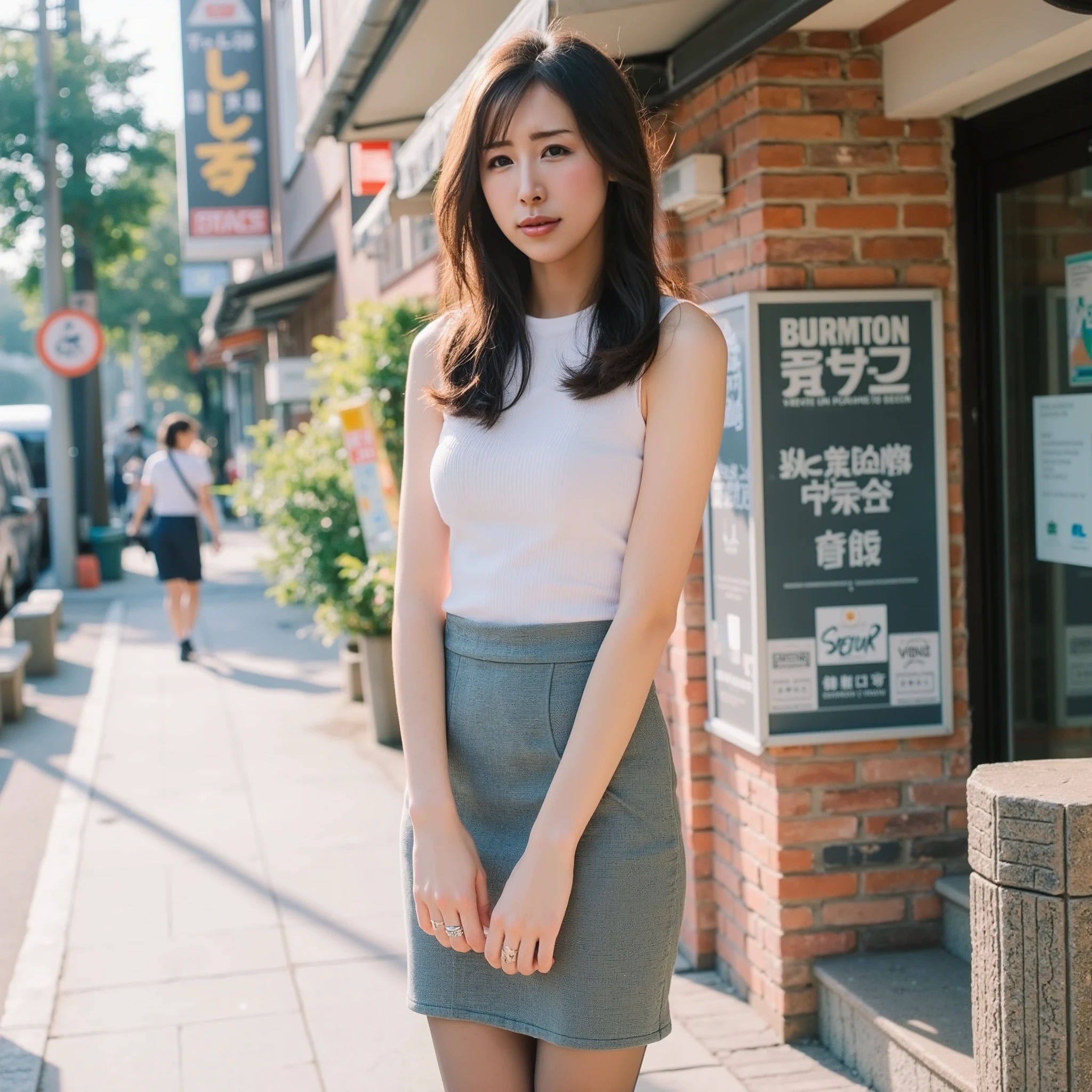 Elegant Japanese Women,30th Generation、Standing expression, I have long hair and the waves hang loosely, smooth skin, Delicate Silver Ring , Sleeveless, Above Knee Tight Skirt, Stockings、high heels、 standing poses, , Clear urban outdoor environment with traditional buildings and signs, Natural light and balanced lighting, casual modern vibe, Front view focusing on the subject and detailed background.