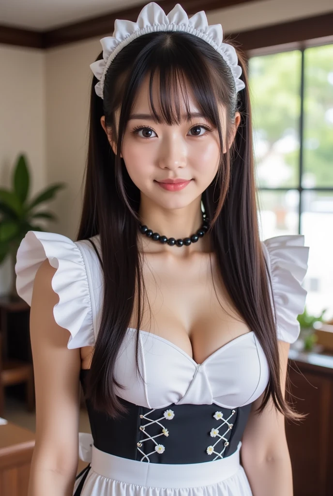 Best quality, masterpiece, ultra-high resolution, 8K, (reality: 1.4), RAW shooting, most detailed face, very detailed and perfect anatomy, live photography; most beautiful face; shining skin; one 18-year-old Japanese.My bangs and eyes are big and cute.It has brown eyes, gentle eyes, long brown hair, a young face, and a large chest.E-cup. Look at the audience.angelic smile.gravure pose,
Cosplay,Cosplay, maid clothes.Cafe、Coffee shop、Shooting from the waist up