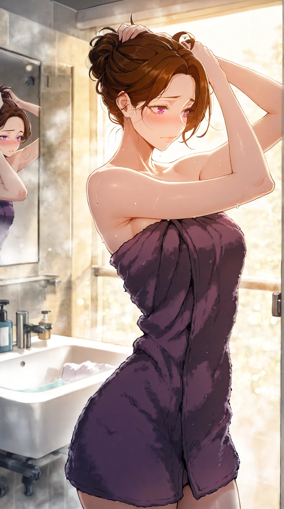 Masterpiece, 1milf, ERO404 style, brown hair, mature female, purple eyes, short hair, single hair bun, (thick eyebrows:0.7), dynamic lighting, ultra detailed, highres, absurdres, home,stunning visual cg, (shy demeanor, bathroom, bath towel, tying hair), medium shot