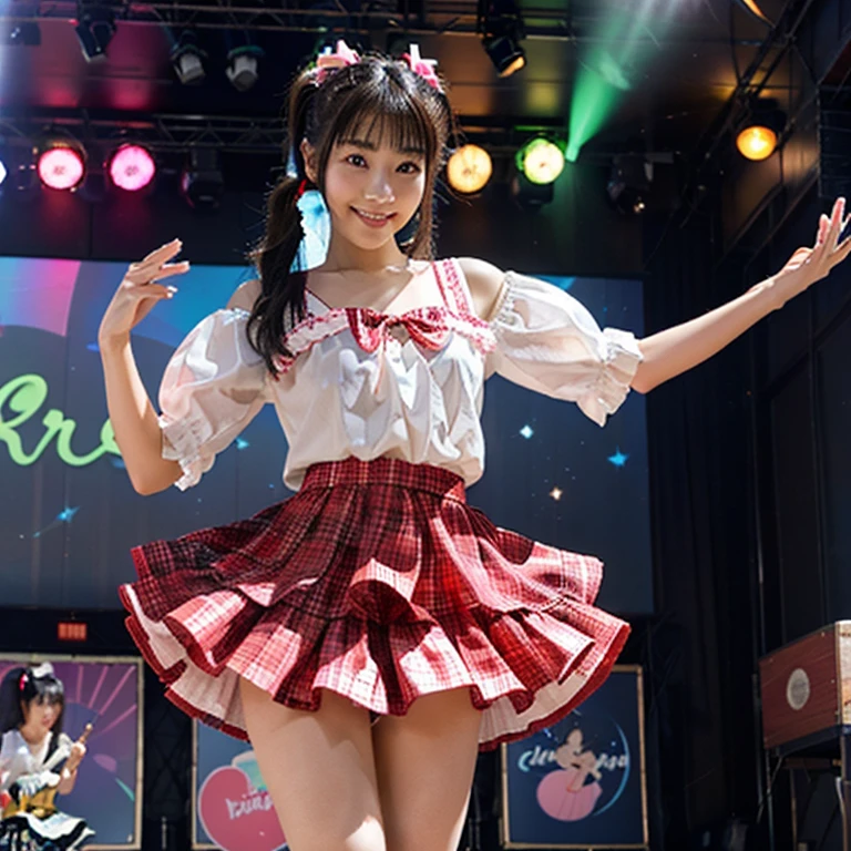 slim figure, femele, Pink idol costume, frilld, Ren Hao, bow ribbon, Katyusha, concert, stage, dance, realisitic, masutepiece, bangss, Junior High School, A dark-haired, stright long hair,ssmile, beautidful eyes, spot light, 15yo student, Hair that flutters in the wind