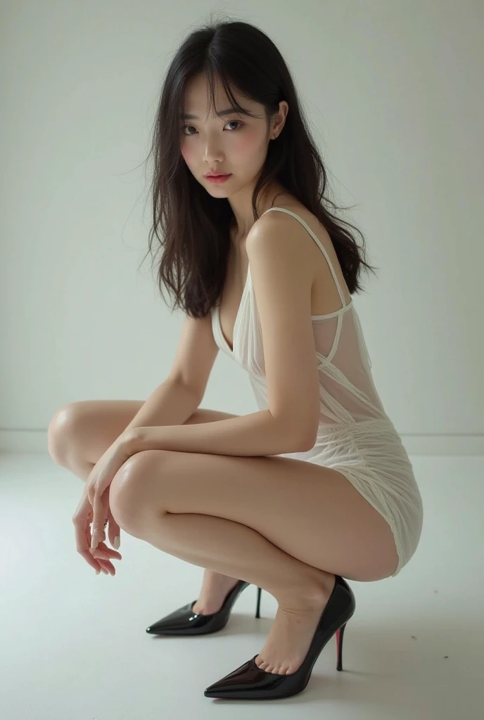 1girl, moyou, Young Gravure Idol, White skin, Bangs hairstyle, School Swimsuit, Sitting on the stairs in the room
