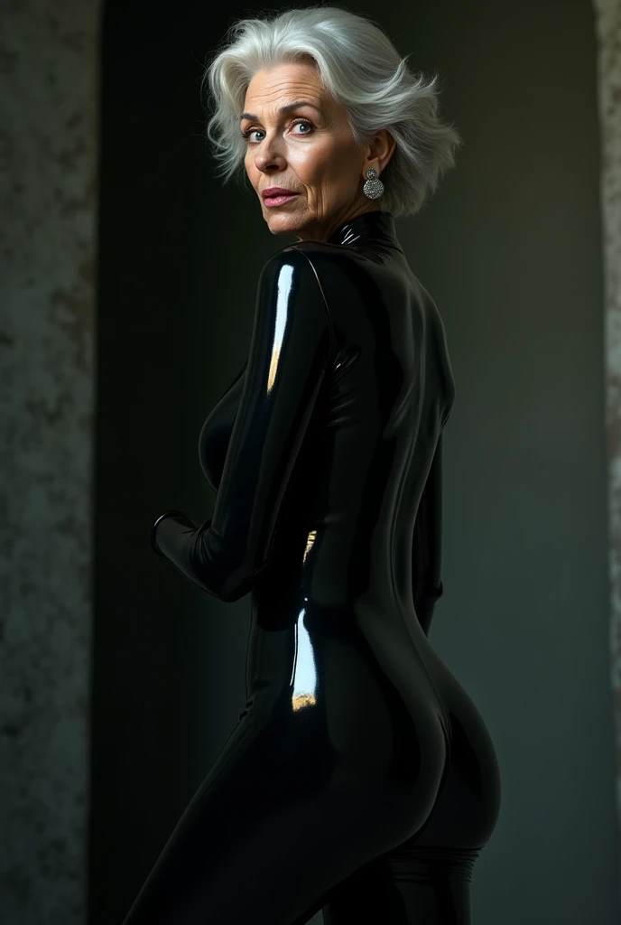 5 8K UHD、Silver shiny silver full body rider suit with glasses、Silver hair、Nostalgic beauty、Crotch wide open and squat hips thrust forward、Silver latex slider suit with hidden skin gloss,masterpiece, highest quality, bondage, big breasts,, handcuffs, bondage_blindfold, temporarily stopped, ball_gag, restrained,
