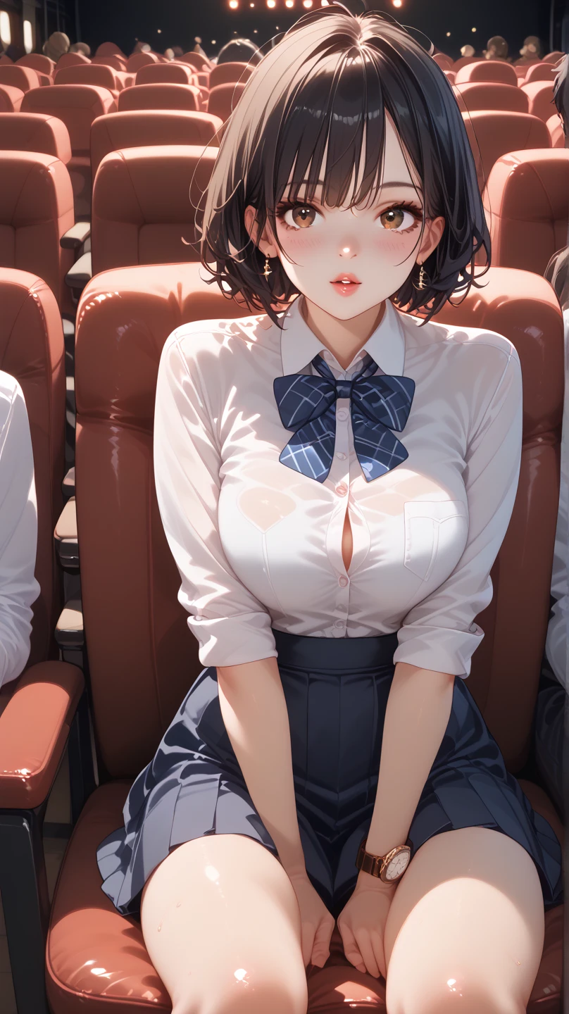 table top、High resolution、2 people、2 peopleの女の子、twins、2 peopleの可愛い女の子、big and full breasts、naughty body、underwear only、see-through、pink lingerie、throw、sit on the seat、Looking up at me、confused face、blush、black pantyhose、The shape of a woman's private parts is clearly visible、nipples are visible、navy checkered skirt、micro mini skirt、very short skirt、trainの中、train、molestation、A man touches my body、a lot of people、in the crowd、man behind、