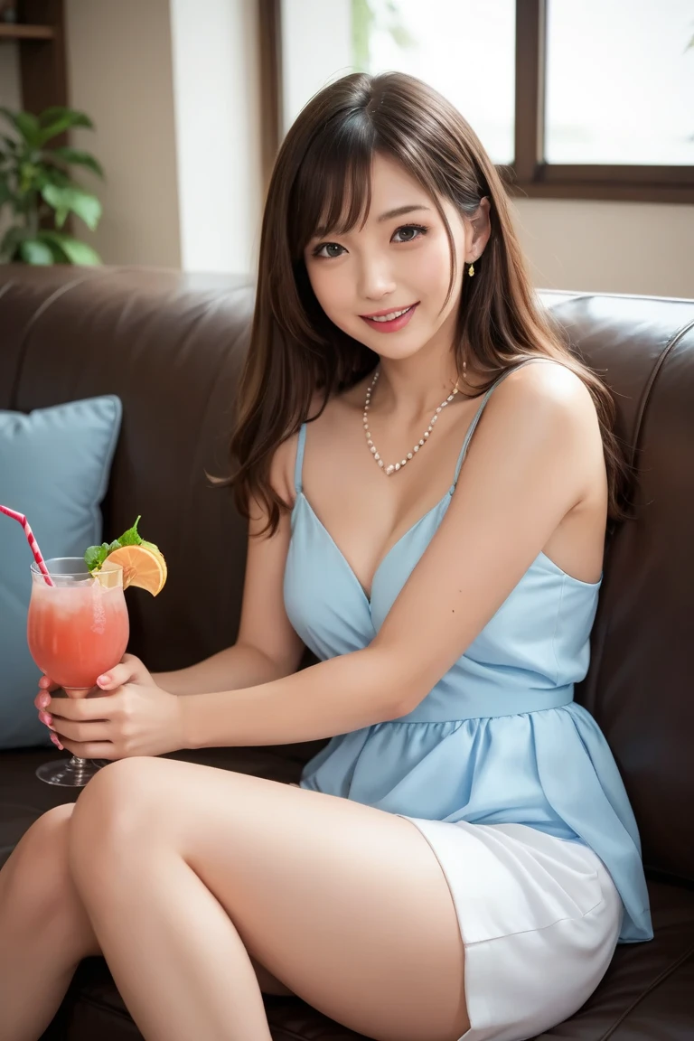 Highest quality, (beautiful)、Pink strap mini dress、Larger breasts、Brown Hair、looking at the camera、Sit on the sofa、Close-up、smile、pub、tiara、necklace、Earrings、Holding a glass in your hand