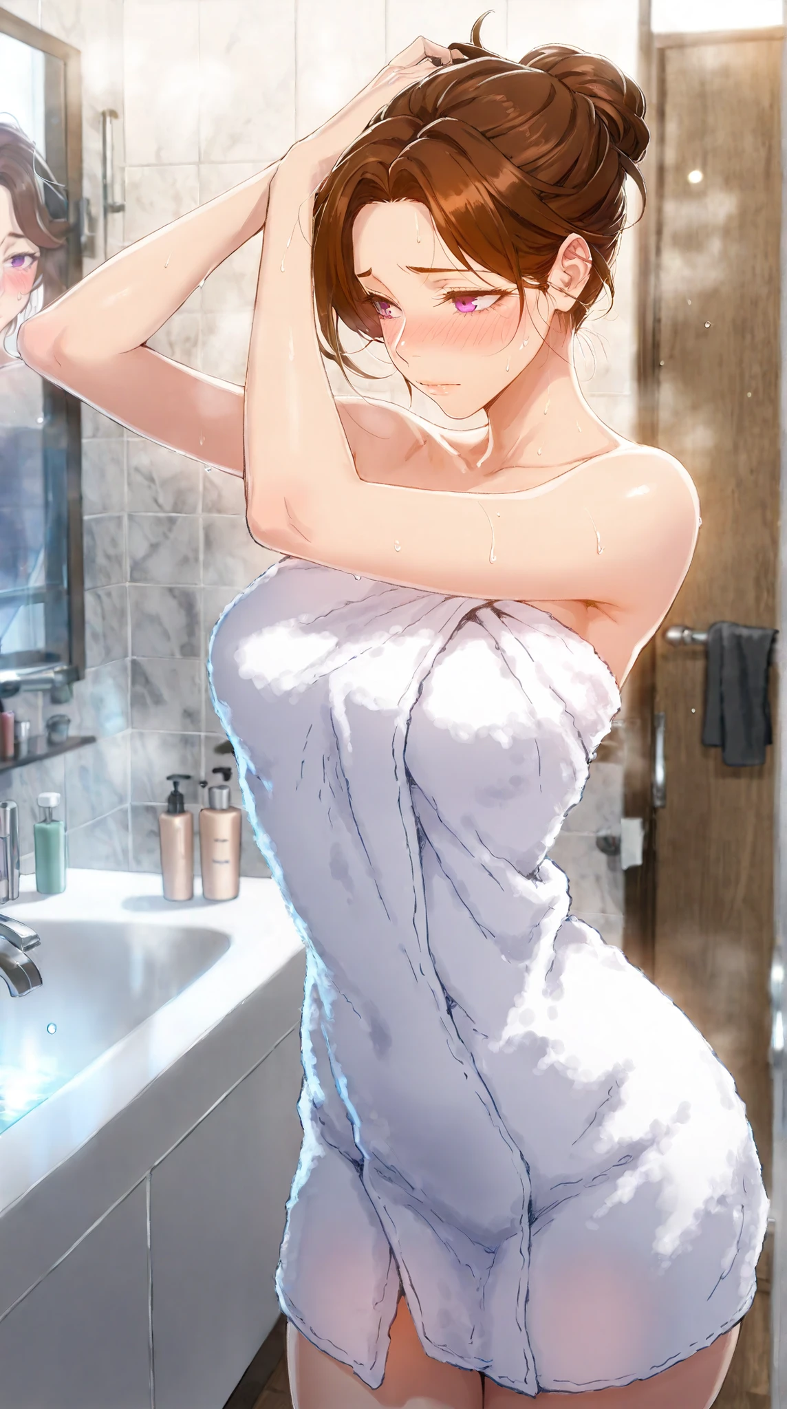 Masterpiece, 1milf, ERO404 style, brown hair, mature female, purple eyes, short hair, single hair bun, (thick eyebrows:0.7), dynamic lighting, ultra detailed, highres, absurdres, home,stunning visual cg, (shy demeanor, bathroom, bath towel, tying hair), medium shot