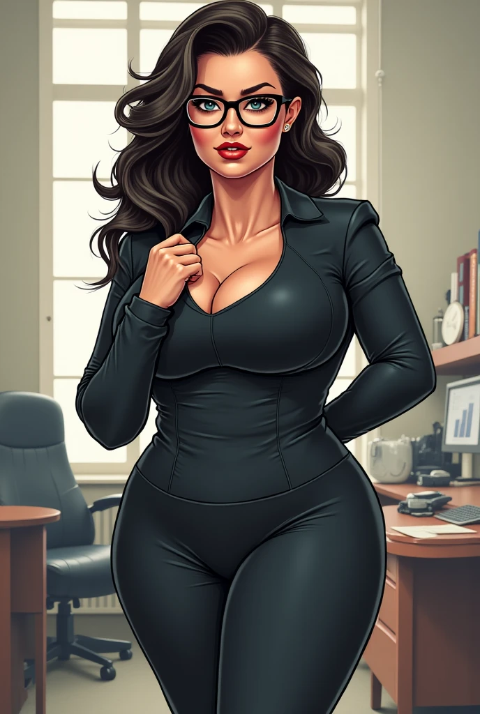 (masterpiece, high quality, realistic, photography, detailed, absurdres:1.4), felinaferal, black hair, flipped hair, skunk stripe, catgirl, cat ears, cat nose, muscular female, large breasts, partially unbuttoned, office dress, wide hips, narrow waist, smile, looking at viewer, furry, tail