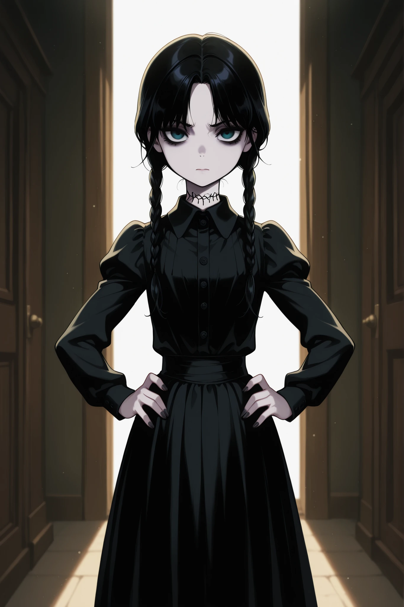 amazing quality, very aesthetic, anime screencap, 1girl,, Wednesday Addams, slut, ethereal,haunting,porcelain skin,long dark hair,sinister expression,hands on hips,haunting,dramatic lighting,dark moody atmosphere,black and white,gothic,occult,mysterious,high contrast,gritty,4K,8K,high resolution,masterpiece,ultra-detailed,HD,studio lighting,ultra-fine painting,sharp focus,physically-based rendering,extreme detail description,professional,vivid colors,bokeh
