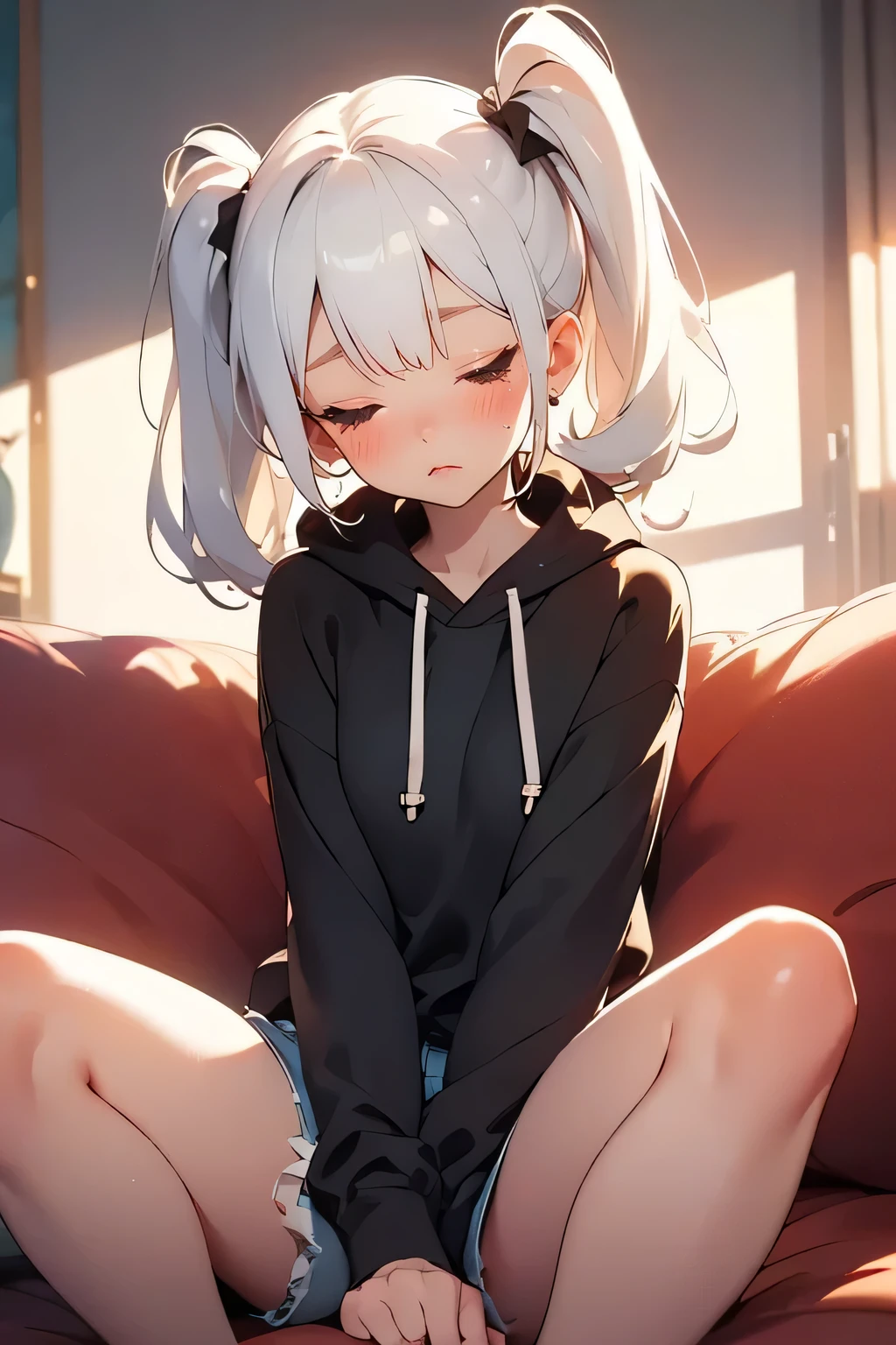 masterpiece, best quality, 1girl, white hair, twin tails, black hoodie, denim shorts, sitting naturally on a soft sofa, relaxed posture, legs together, soft lighting, cozy room,  
half-closed eyes, teary eyes, soft blush, dreamy gaze, slightly parted lips, shy and flustered expression, warm light hitting her face, skin highlights
