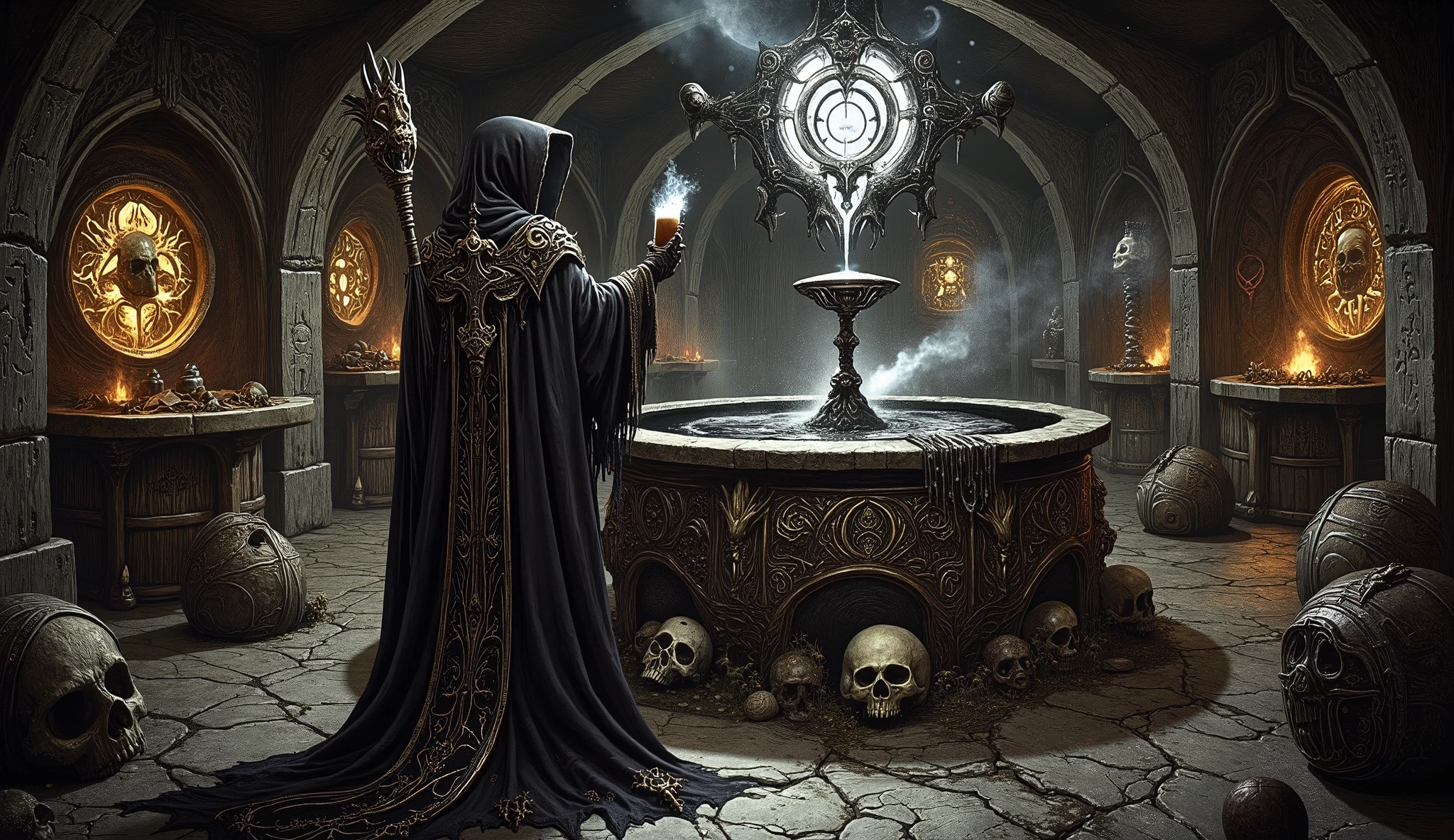 In the heart of a crumbling, ancient crypt, a dark mage clad in flowing robes embroidered with arcane symbols of barley and hops stands before a grotesque altar. The altar, hewn from obsidian and adorned with skeletal remains, is surrounded by shattered brewing barrels and rusted kegs. A massive cauldron, blackened by centuries of use, bubbles with a viscous, ink-like brew that radiates an eerie, smoky aroma of roasted malts and burnt caramel.
The mage, wielding an intricately carved staff topped with a luminous beer stein-shaped crystal, chants in a deep, resonant voice that reverberates through the crypt. Around him, spectral apparitions of brewers long deceased rise from the shadows, their ghostly figures stirring the cauldron with phantom-like ladles. The crypt's walls, engraved with glowing runes resembling brewing recipes, seem alive, pulsing in sync with the mage's incantations.
Hops, barley, and charred oak barrels levitate under the mage's control, swirling through the air before plunging into the cauldron with unnatural precision. From a skull-shaped flask, he pours a thick, dark liquid into the brew, igniting a sinister reaction as the contents writhe and bubble like a living entity. The brew thickens and takes on a malevolent shimmer as the mage raises a chalice wrought from bone and iron, chanting louder with each word.
As the black brew cascades into the chalice, its surface glows with a foreboding light, embodying the essence of dark magic and brewing mastery. With an intense gaze, the mage drinks deeply, the power of the eldritch brew coursing through him, binding his spirit to the mystical forces that govern the brewing ritual.