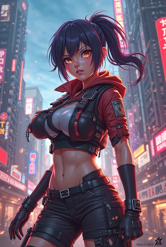 a beautiful woman, detailed eyes, Messy dark hair, during, He is wearing a full black ninja uniform., cargo pants negros, city at night, front view, blush, Posing, perfect hands, good anatomy, curvy, she has a katana, neon lighting