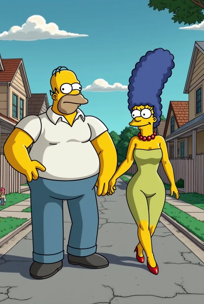 a woman with sexy body and outfit, black hair, walking in the sidewalk with a man by her side, EdobSimpsons <lora:EdobSimpsons_v1.1:0.8>