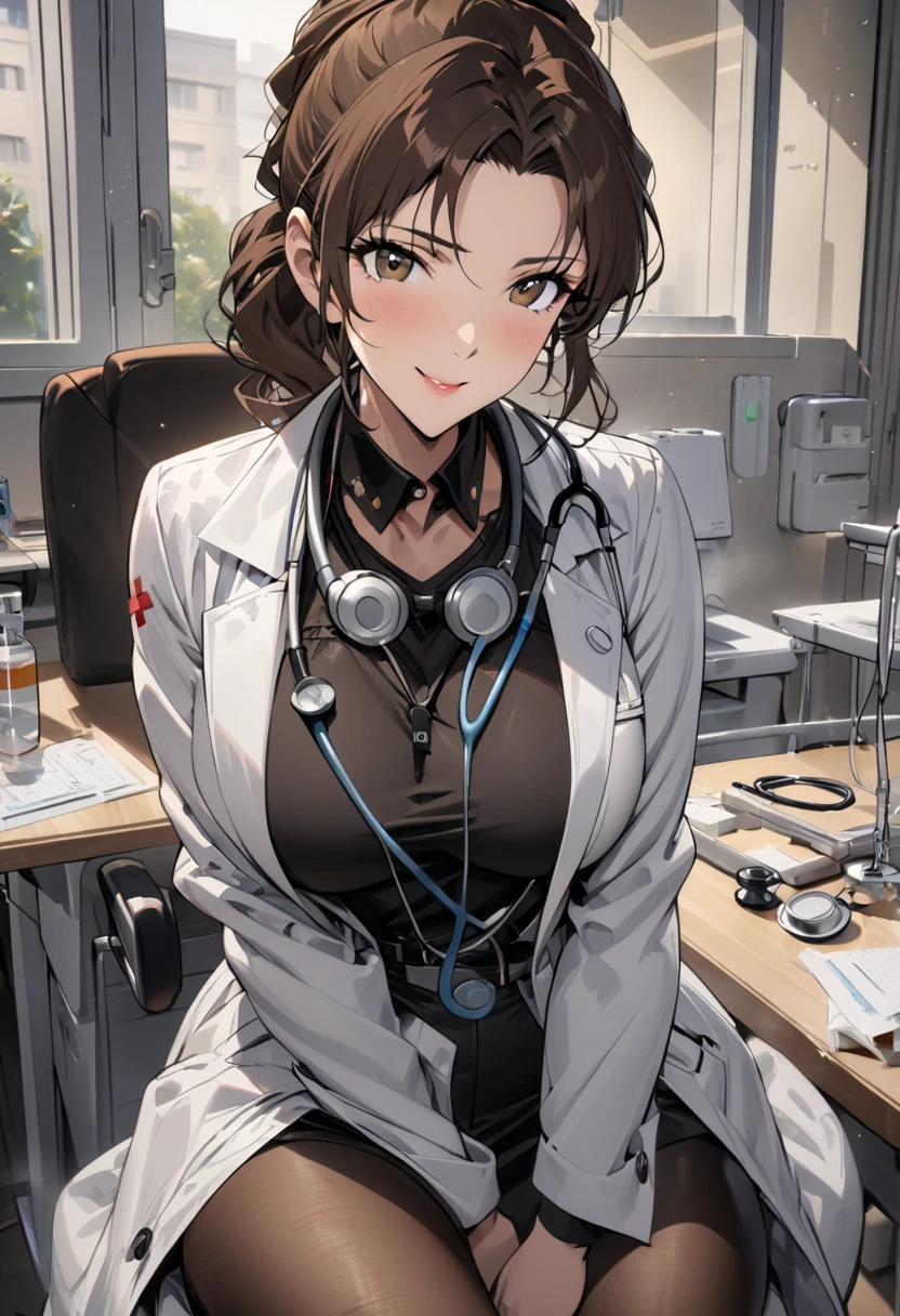 8K picture quality, ultra high definition, stunning mature beauty, intellectual elegance, brown hair, (best quality, masterpiece: 1.2),1lady solo, sitting, (looking at viewers), (white lab coat) stylish outfit, mature female, /(dark brown hair/) bangs, kind smile, (masterpiece best quality:1.2) delicate illustration ultra-detailed, large breasts, pantyhose, /(stethoscope around neck/) BREAK (hospital examination room) indoors, work desk, detailed background，(((doctor)))