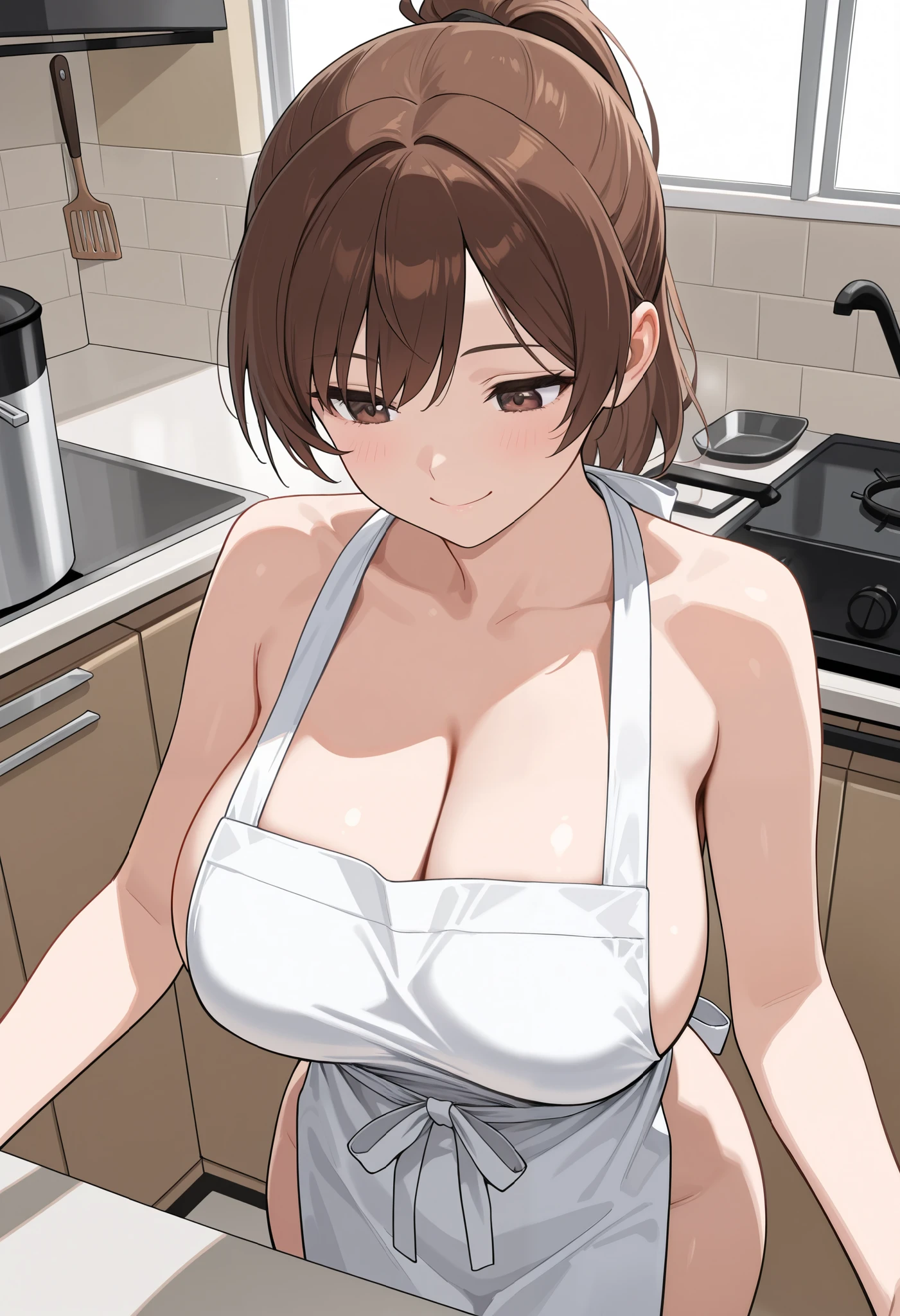 1girl, solo, nsfw,, SHIINAKOKOMI, brown hair, (Medium hair, shoulder length hair:1.5) brown hair, BROWN EYES,, empty eyes, large breasts, nipple, Conveyor belt sushi restaurant, frozen, (Sweating profusely, Love juice, Wet Woman, female ejaculation) crying, Naked, (1girl) Peeing, lactation, projectile lactation