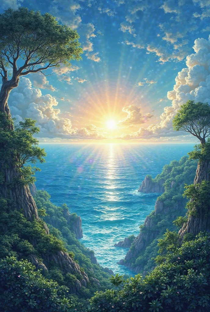 Contains sunrise，Blue sky，Sea，Picture of a forest