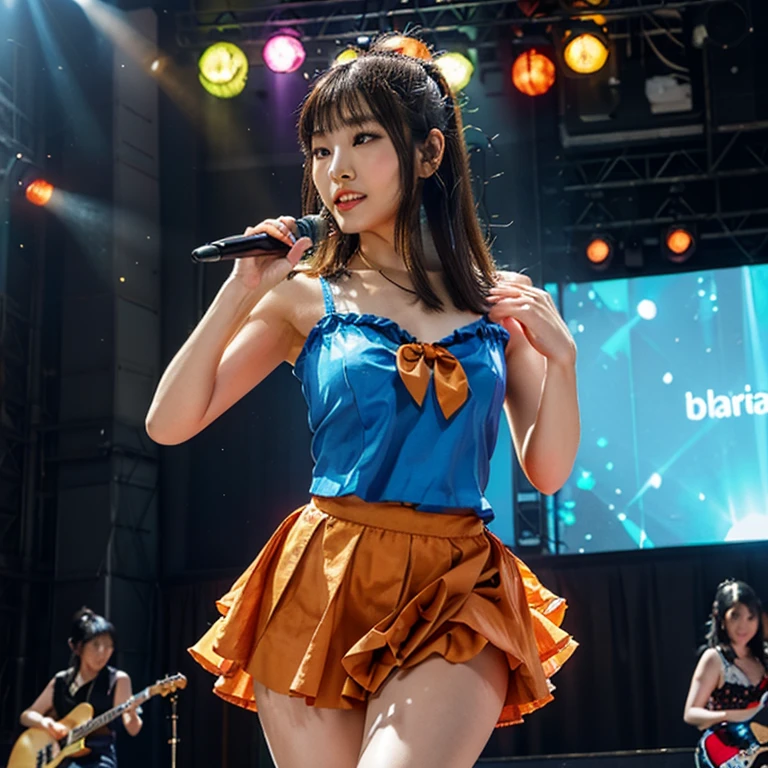 8k, highest quality, high resolution, realistic, real person, live stage with a large audience, one girl, young and cute korean idol, ((KARA)), big, long and beautiful legs, dancing violently in various poses while smiling on stage, holding microphone in hand, revealing gorgeous costume, beautiful light up