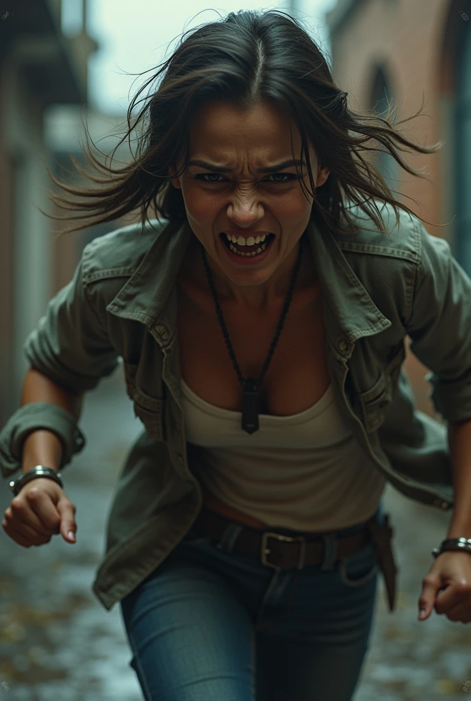 Dark image of an angry young woman falling to the ground