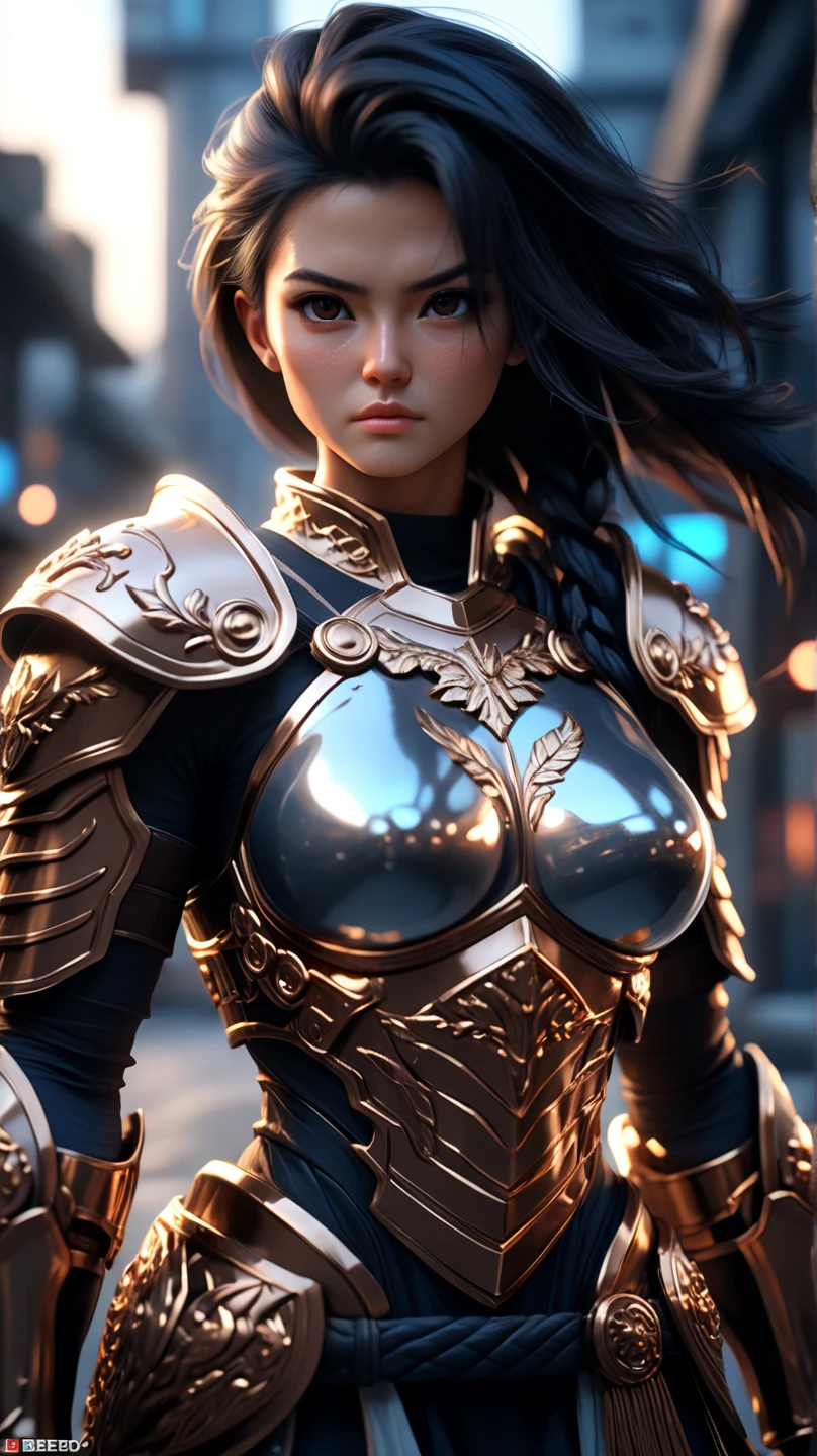beautiful detail, best quality, 8k, highly detailed face and skin texture, high resolution, big tits black long hair girl in silver armor standing infront of castle, medieval europe, fantasy, full body, sharp focus