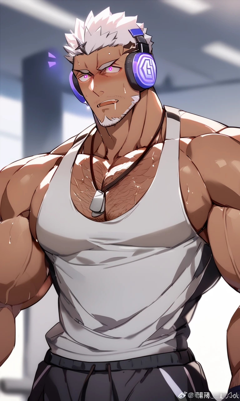 Zabaniyya, white hair, brown skin, stringer tanktop, gym shorts, glowing headphones, dog tags, drool, muscular, muscles, broad shoulders, massive pecs, hairy chest, sweaty, glowing spiral in the eyes, dazed expression, vacant stare, hypnotized, brainwashed, focused, High Resolution, gym, solo