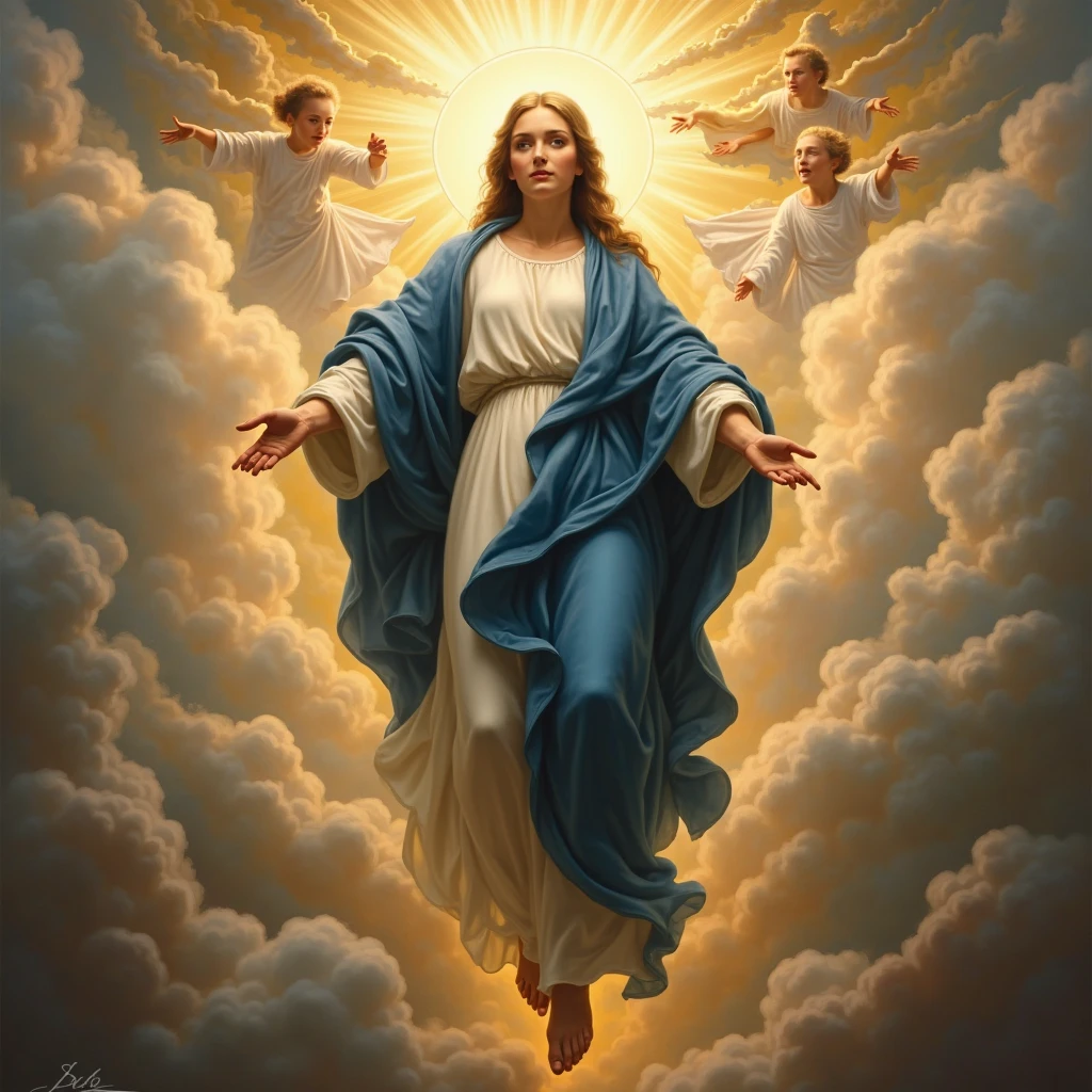 create a realistic image of Our Lady wearing blue and white clothing on the day of the “Assumption of Our Lady”, celebrated annually on August 15th, is one of the most significant dogmas of the Catholic Church. Proclaimed by Pope Pius XII in 1950, este dogma afirma than a Virgem Maria foi elevada ao céu em corpo e alma ao término de sua vida terrena. This belief reflects the purity and holiness of Mary, than, of the Assumption of Mary, who did not experience the corruption of the body after death. The Assumption is seen as a sign of hope and comfort for the faithful, indicando than todos os than seguem a Cristo também serão elevados à glória celestial. Explore the history, the theology and liturgical celebrations associated with the Assumption of Our Lady, and how this event continues to inspire the devotion and faith of Catholics around the world.”there are two angels (children, babies) around you