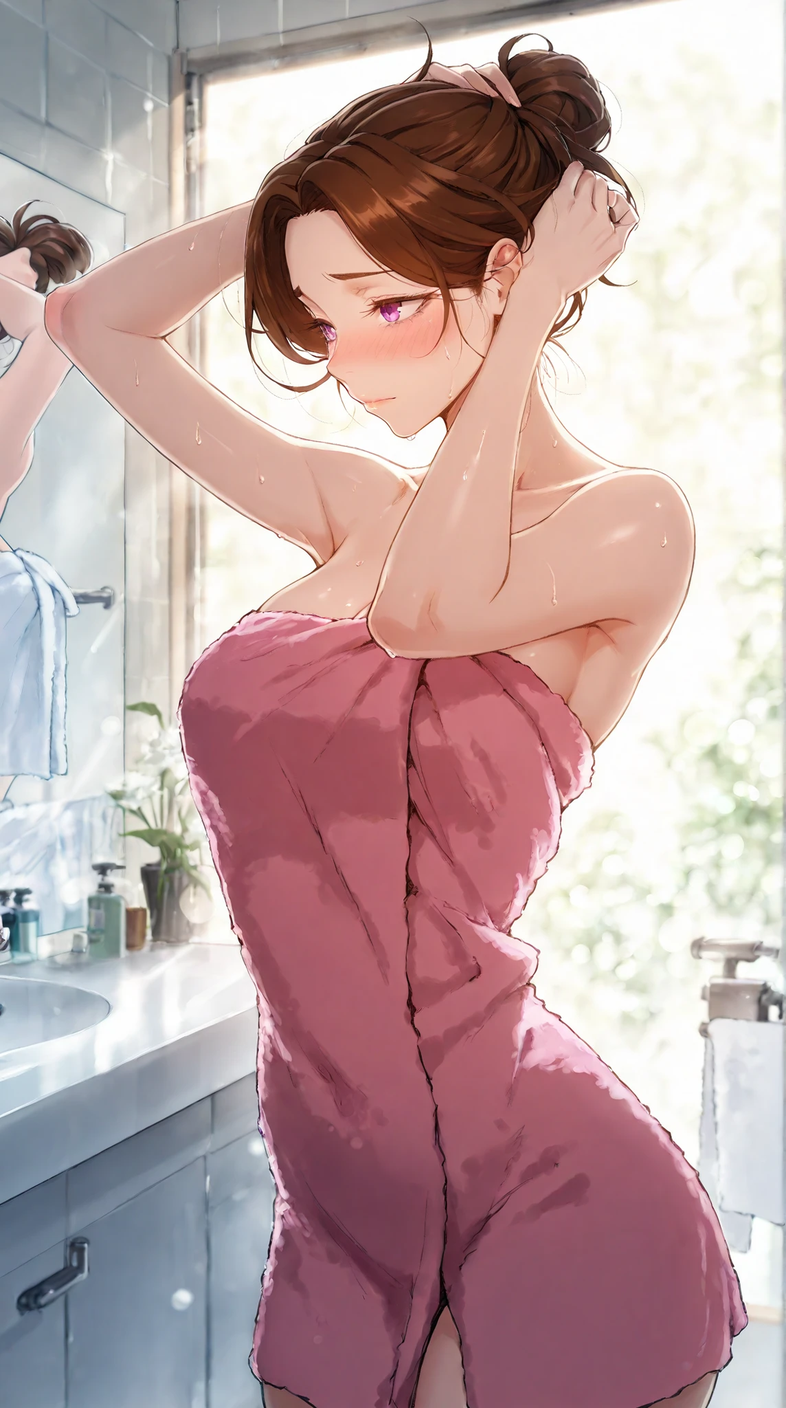 Masterpiece, 1milf, ERO404 style, brown hair, mature female, purple eyes, short hair, single hair bun, (thick eyebrows:0.7), dynamic lighting, ultra detailed, highres, absurdres, home,stunning visual cg, (shy demeanor, bathroom, bath towel, tying hair), medium shot, pink towel.
