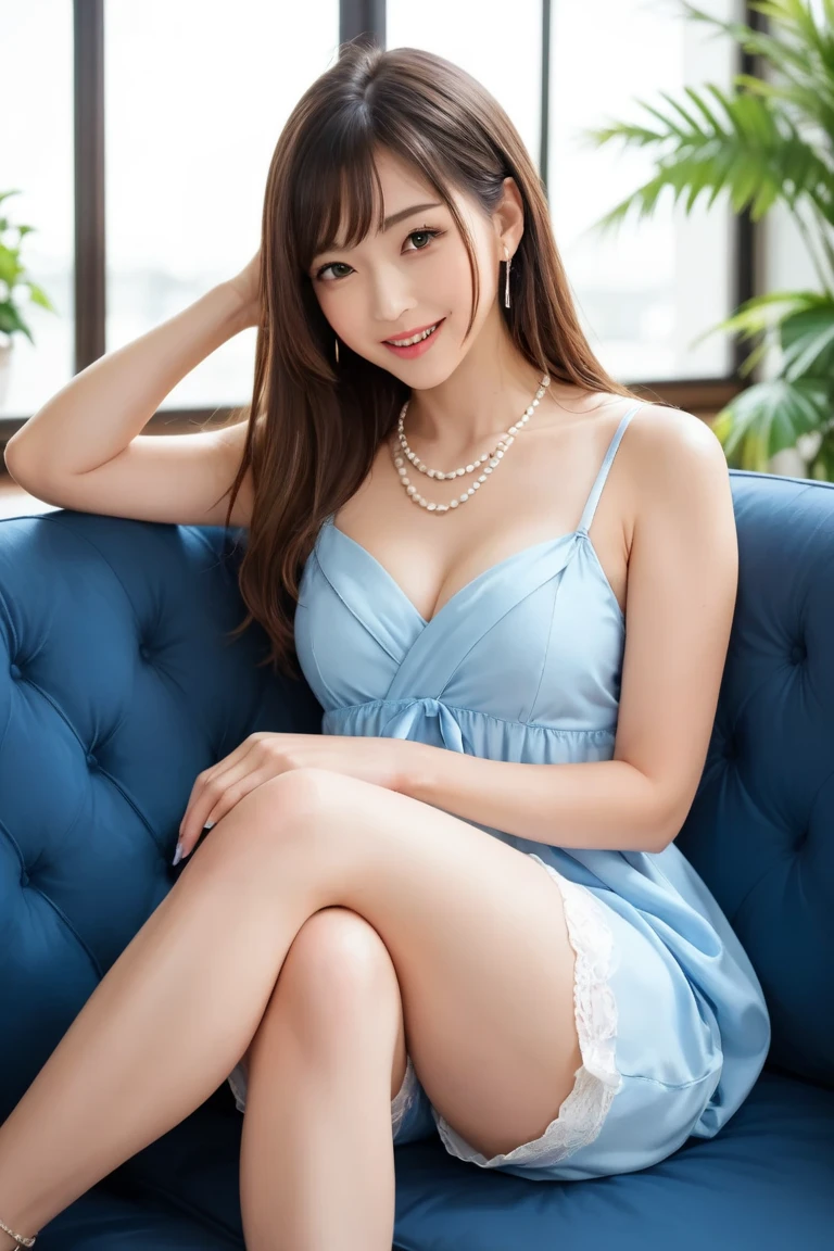 Japanese female, (underweight), (medium bust best quality:1.5), 30 years old, (cheerful grin:1.3),
skyscraper, (legs spread), long hair, (dress), (wearing a loose dress),(cleavage:1.2), (downblouse:1.4), (polka dot cloth), (aqua Clothes), (mini skirt), with a window, full body shot, from above