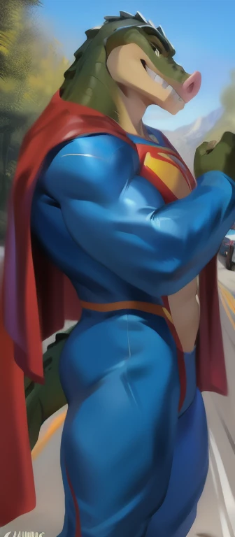 4k resolution solo, german shepherd, wearing blue bodysuit superhero Superman spandex costume, red speedo, red boots, red long cape, presenting his butt to viewer, by chunie