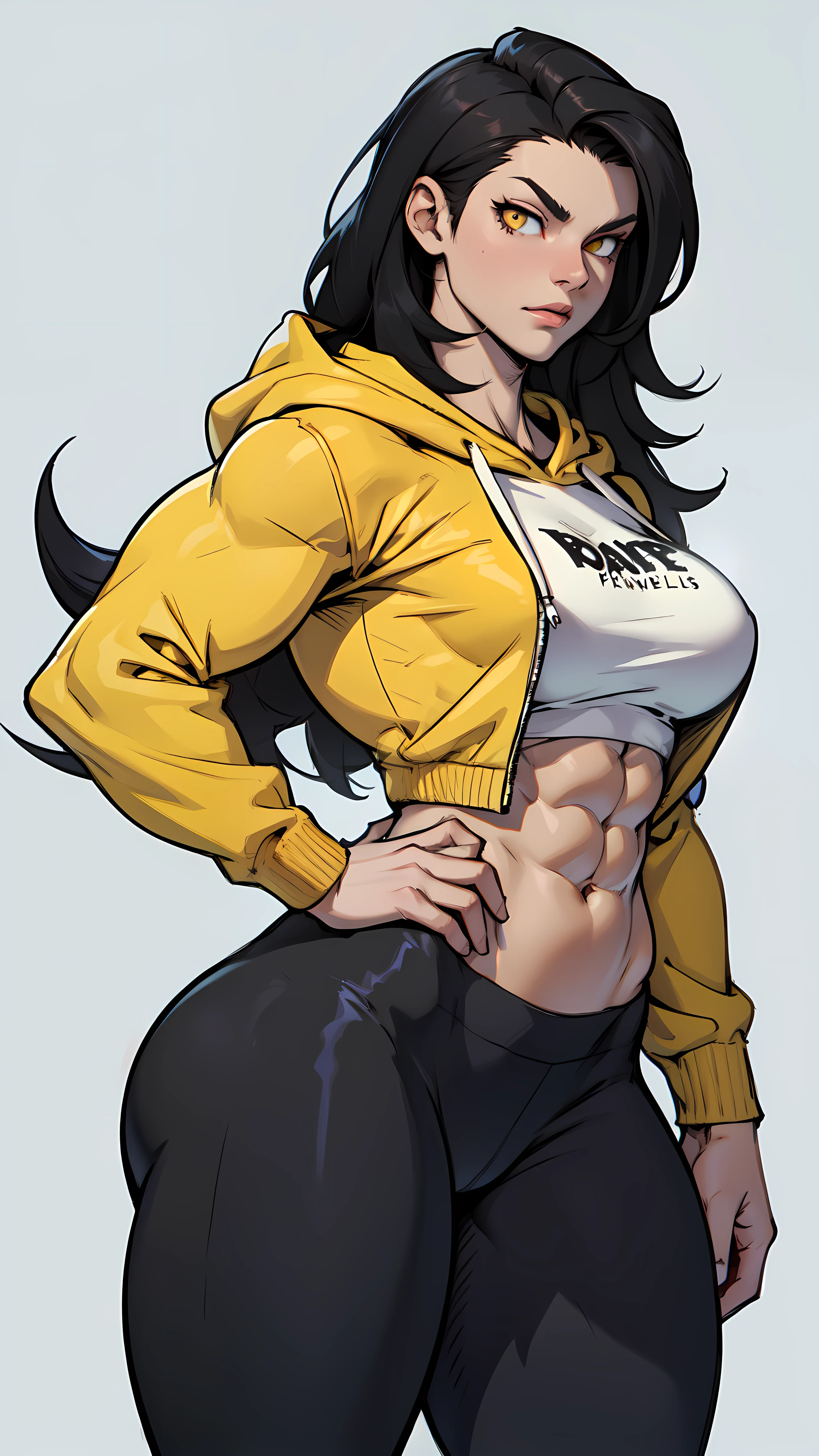 1girl solo black hair yellow eyes very long hair pale skin muscular muscular muscular muscular toned body huge muscles thick thighs girl tight clothes angry blushing messy hair leggings tight shirt long sleeves thick thick thick thick thick thick