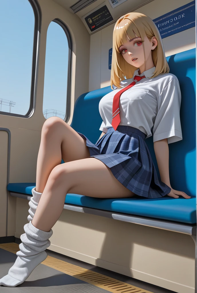 premier quality,ultra-detailed,tmasterpiece,Realstic,real photo,glowing lighting,1 fille en, A very beautiful 17-year-old girl, (Le kawaii:1.2),Sourire mince, (yeux bruns),(cheveux bruns),(Bangss),peau brillante parfaite,Une peau impeccable,((erotick,Sexy et sexuellement explicite)),((accurate hands without incongruity)), gros seins pleins,gros seins taille fine, look at viewers,((un costume de marin)),((Uniform white shirt with short sleeves)),(Cravate rouge),(Mini blue pleated skirt),(((Skirt raised by yourself))),(lifted by self),(montrant la culotte),culotte sur,Focus culotte,((Se redresser,legs apart)), chaussettes, (Chaussettes noires pour les genoux),(Chaussures mocassins), during the day,dans le train,Long horizontal seat with back to window