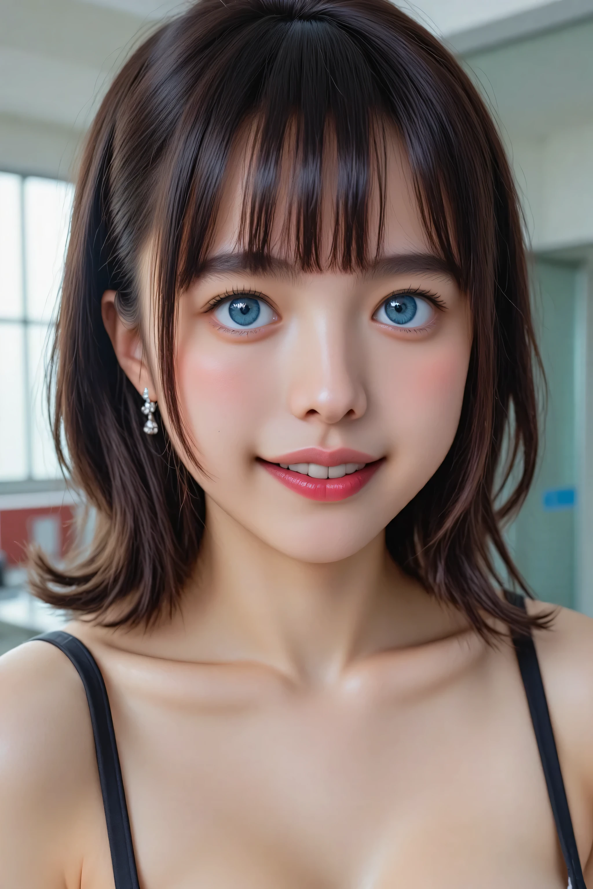 (UHD, retina, masterpiece, award-winning, accurate, anatomically correct, lifelike textured skin, super detail, best quality, absurd high res, 32k), ((ultra-realistic)), studio lighting, (physically-based rendering), (beautiful detailed a stunningly, Perfect, beautiful girl, with black ((ear Length bob Hair)) with ((Bangs)), blue vibrant color eyes. Dress a Japanese black and red school uniform, perfect fit muscled body, thick thighs, muscular legs, muscular hard body, natural perky, Sexy pose. Perfect anatomy. (highly detailed skin texture, ultra detailed skin texture)