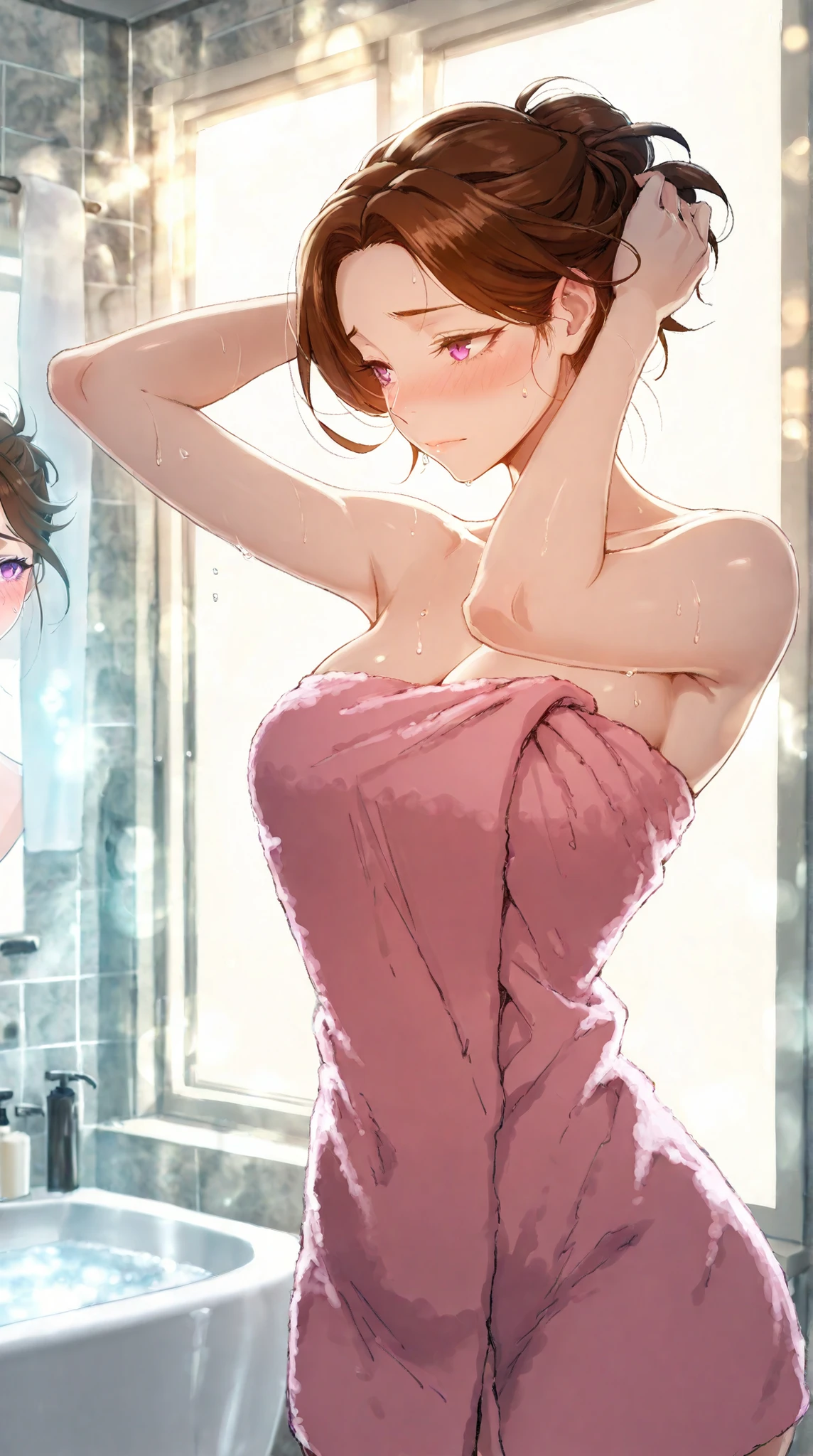 Masterpiece, 1milf, ERO404 style, brown hair, mature female, purple eyes, short hair, single hair bun, (thick eyebrows:0.7), dynamic lighting, ultra detailed, highres, absurdres, home,stunning visual cg, (shy demeanor, bathroom, bath towel, tying hair), medium shot, pink towel.