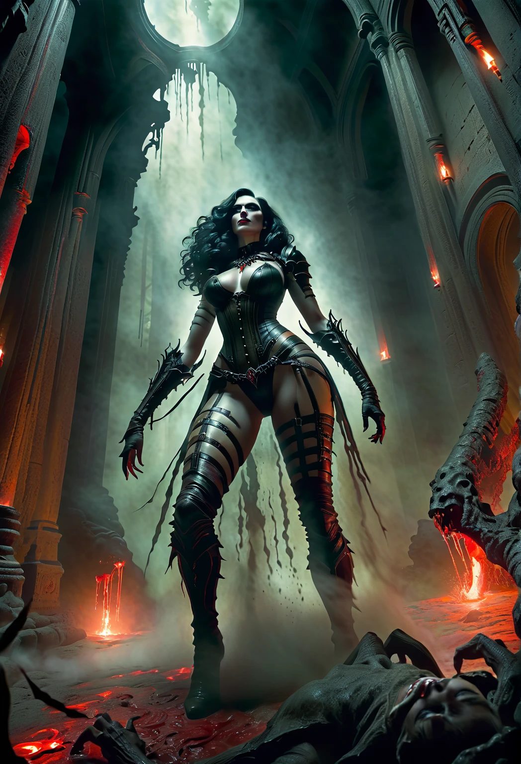 (((full body pose))), (((skulls on the ground))), (((Make a blood sacrifice))), (carnage:1.5),(black and white demoness:1.5),(beautiful female model:1.5), (demoness with Large horns:1.25),(1 super muscular with flayed skin:1.5), (perfect anatomy:1.5), high detail, best quality, masterpiece, finely detail, realistic skin texture, insanely detailed, intricate, glowing white eyes, dark hair, glowing white background, goth makeup, beautiful female face, white skin. black and white demoness:1.5, Hyperrealism, breathtaking, ultra realistic, ultra detailed,(((full body pose))), high heel shoes, 8 k high definition, wide-angle, ultra details, ultra detailed photo of a black and white demoness, Hyperrealism, breathtaking, ultra realistic, ultra detailed, cinematic lighting, photography, stunning environment, wide-angle, , medieval, Dark room, low key light, Masterpiece, Realistic,