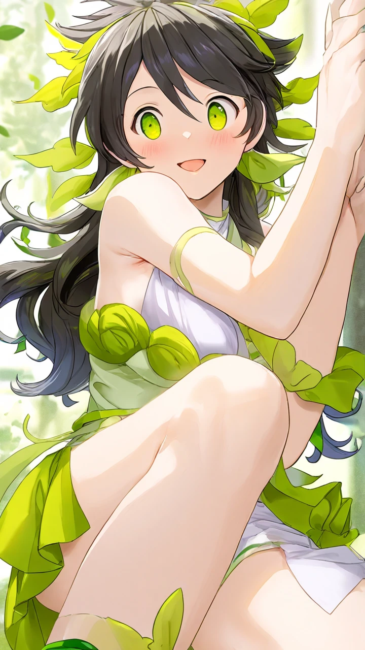 ((Masterpiece)), ((Best Quality)), Illustration, One Girl, Hair color, Bangs, Hairstyle Fax, Portrait from waist up, Naked, Posture hiding breasts, Women, Cat ears, Light green long hair, Gray eyes, Ponytail, Dull bangs, Smile, Hot Spring