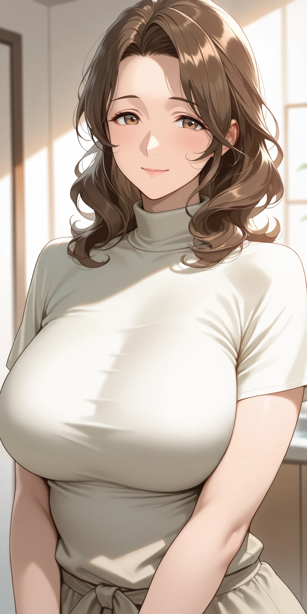 mature female, housewife, brown hair, medium hair, slight wavy hair, turtleneck t-shirt, short sleeve, milf, soft light, high detailed, best quality, upper body