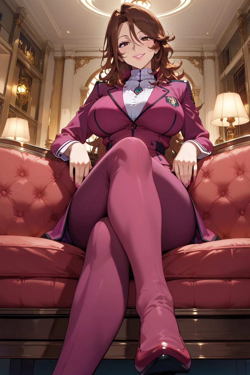 green eyes, red hair with long bangs, noble, mafia. sadistic women, wavy long hair. strong woman. background in luxury mansion. purple outfit. she quiet
