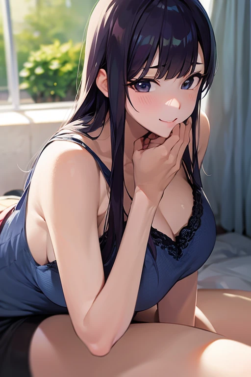 [toki(blue archive)], [pakosun,ningen_mame].
[modare], ciloranko, wolp, 1girl, solo, breasts, long hair, alternate costume, black bra, black panties, standing, bedroom, looking at viewer, upper body, Blurred background, from side, Dynamic pose, tying hair,side glance