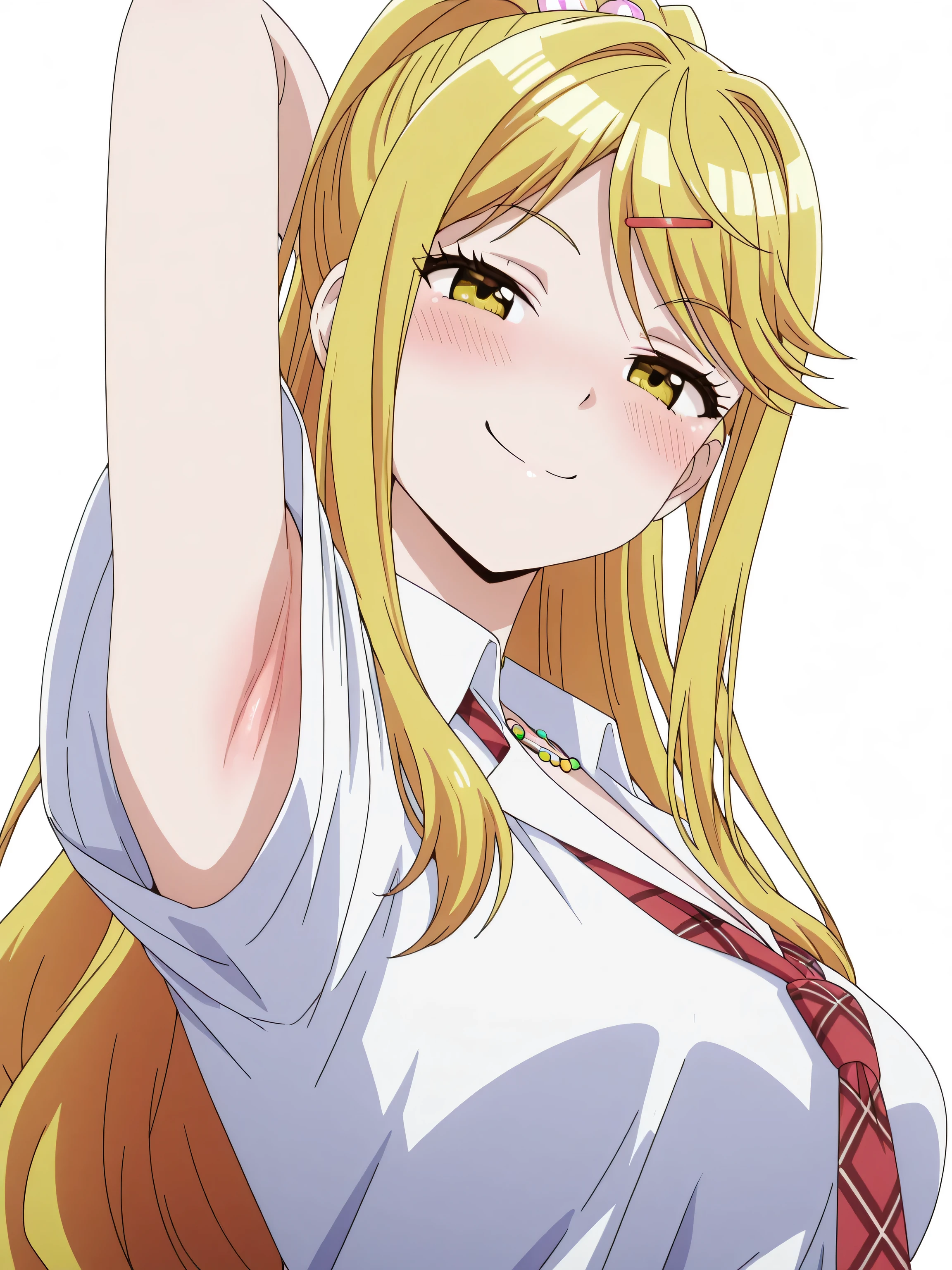 4K, Masterpiece, highres, absurdres,natural volumetric lighting and best shadows, deep depth of field, sharp focus, soft delicate beautiful attractive face,bisquedoll anime style ,[kitagawa marin|Nadia], 1girl, :d, upper body, bead bracelet, beads, black necktie, blonde hair, blue skirt, blush, bracelet, hand on own hip, jewelry, long hair, looking at viewer, necktie, open mouth, plaid, plaid skirt, red eyes, , shirt, outdoors, skirt, smile, solo, standing,white background, white shirt,